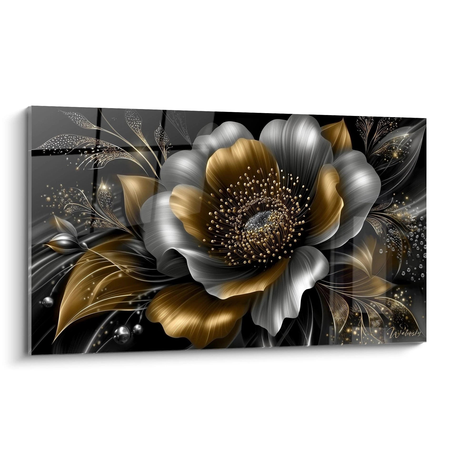 Tableau mural fleur luxueuse aux reflets dorés et argentés sur fond noir - art contemporain métallique