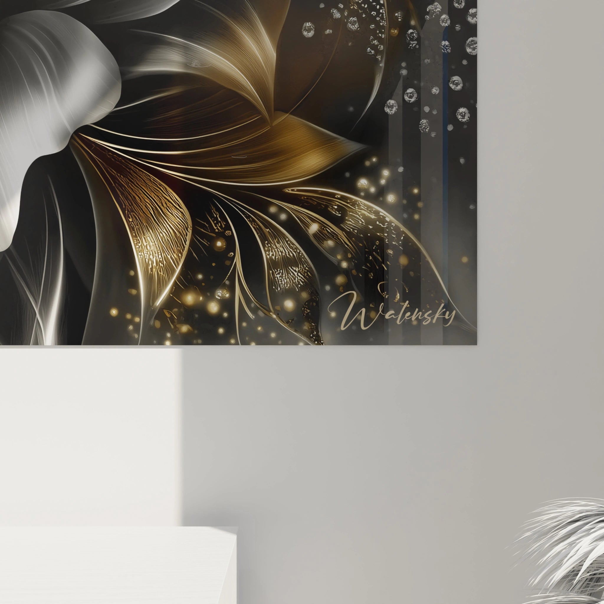 Vue d'ensemble tableau fleur luxueuse métallique - composition artistique dorée et argentée complète