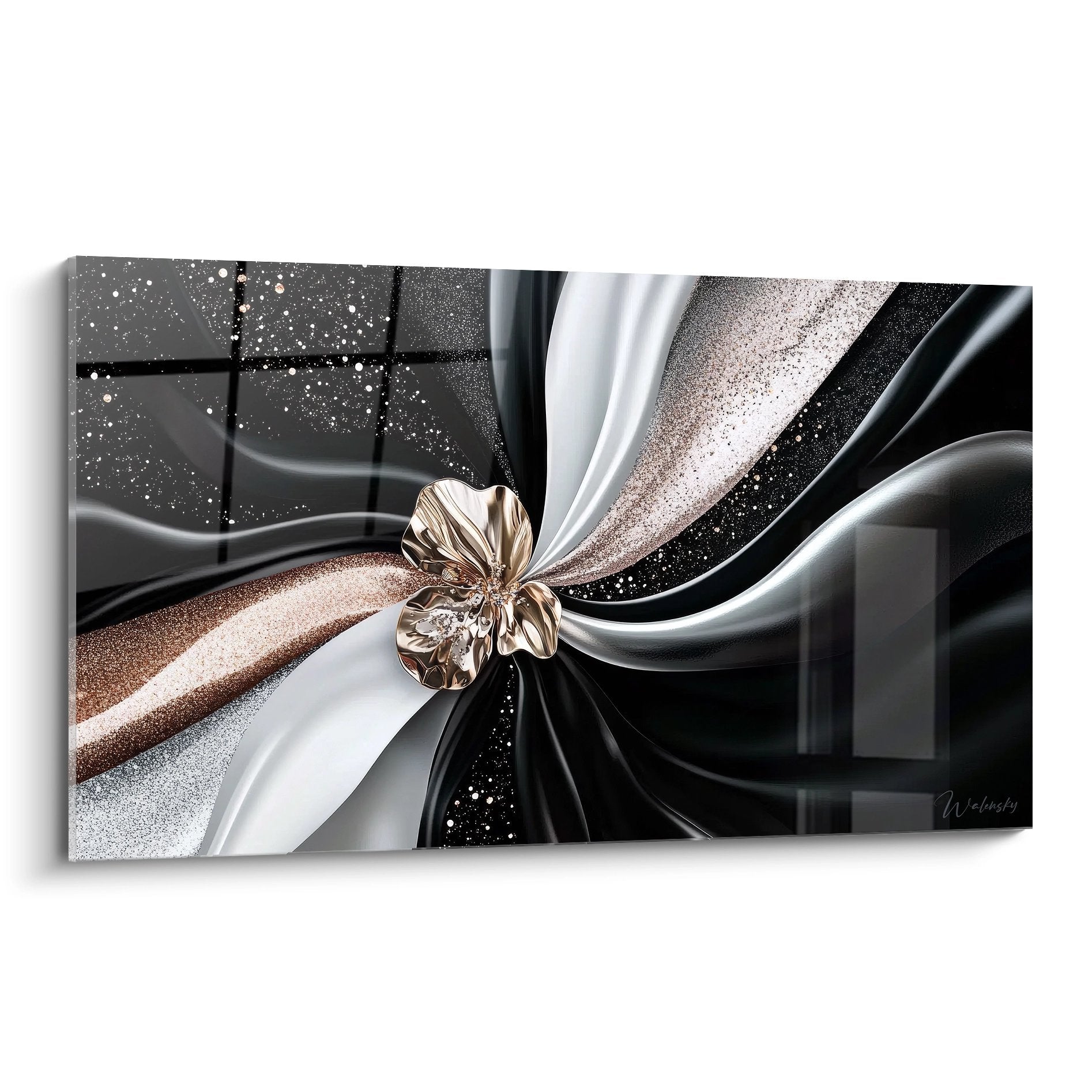 Tableau moderne abstrait fleur métallique dorée avec drapés noirs et blancs scintillants pour décoration murale