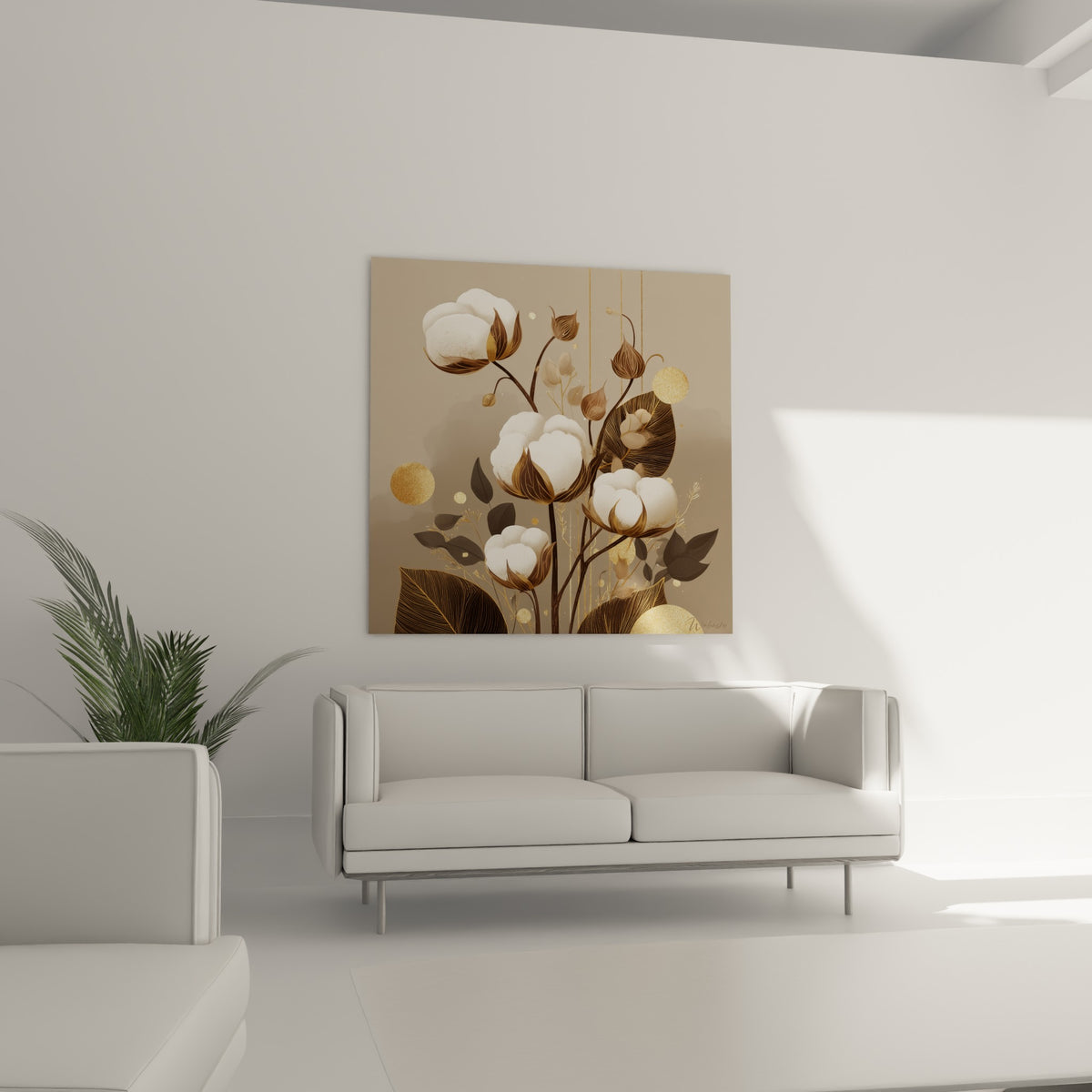 Branche de coton doré et beige orne le mur au-dessus d'un canapé dans un salon lumineux