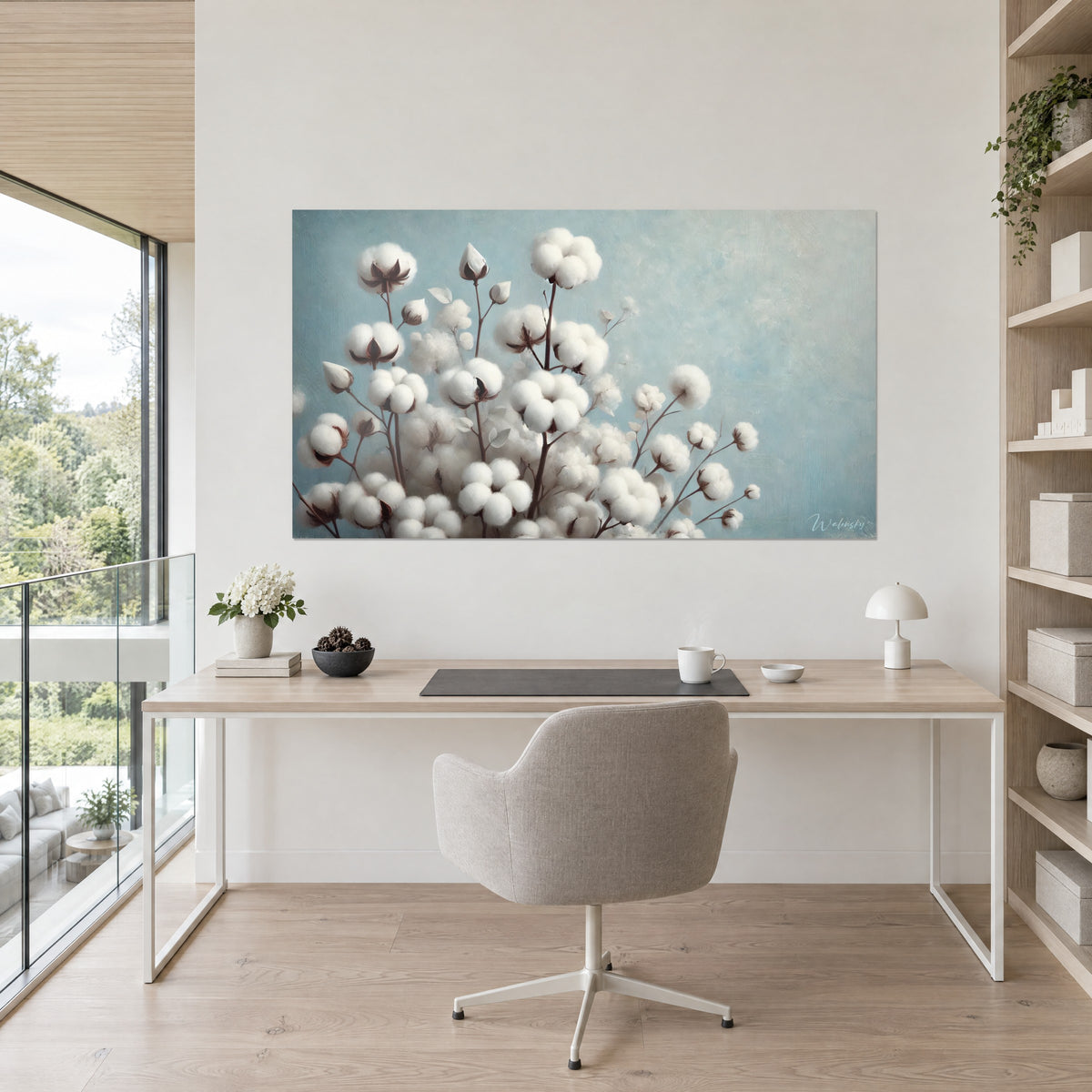 Cuadro ramo de algodón blanco nieve con tallos marrón oscuro, fondo azul claro pintado, escritorio de madera clara y silla gris, estanterías