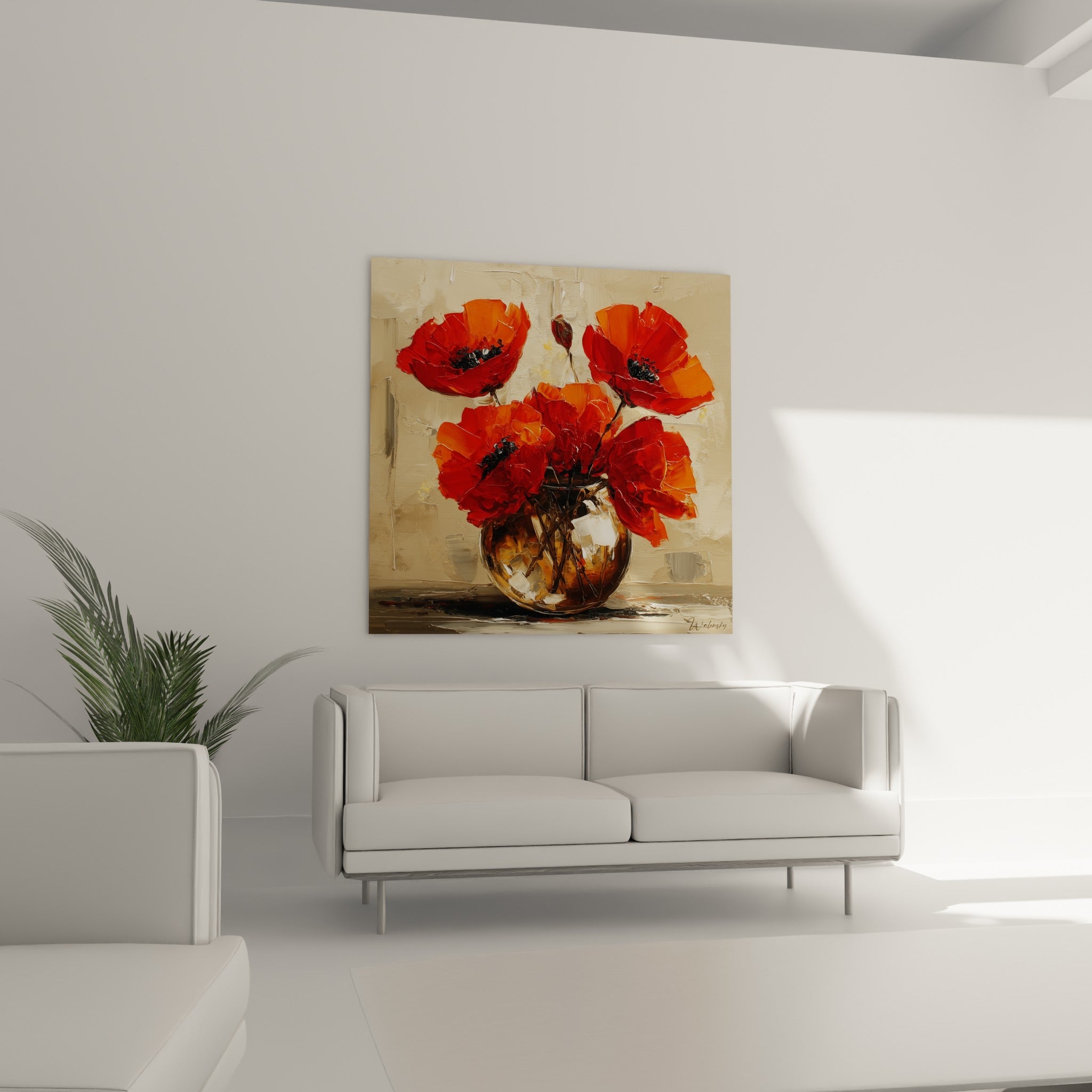 Fleurs de coquelicot rouge et orange en relief accrochées au-dessus d'un canapé dans un salon lumineux