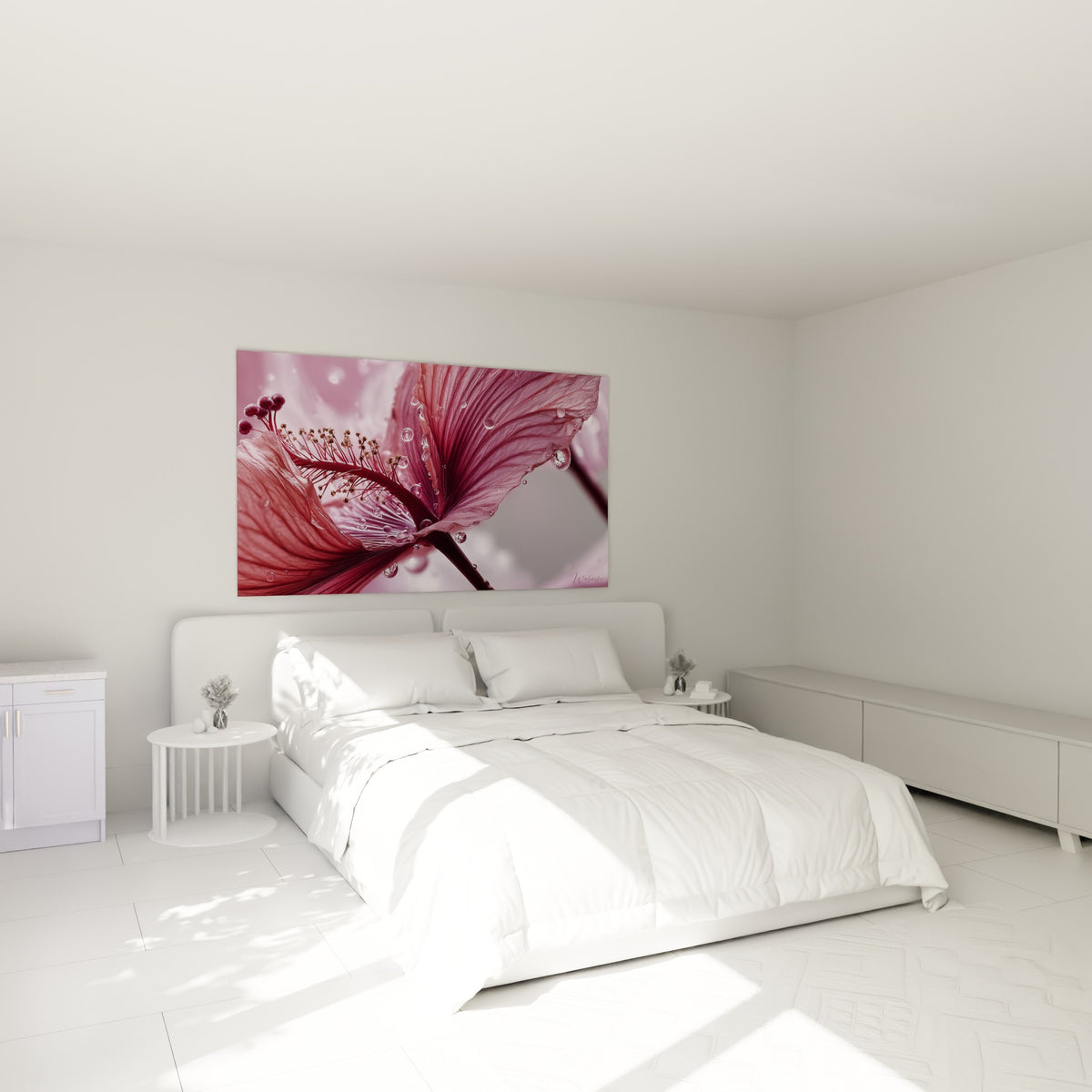 Pétales roses et fuchsia d'hibiscus perlés de rosée, accrochés au-dessus d'un lit dans une chambre claire