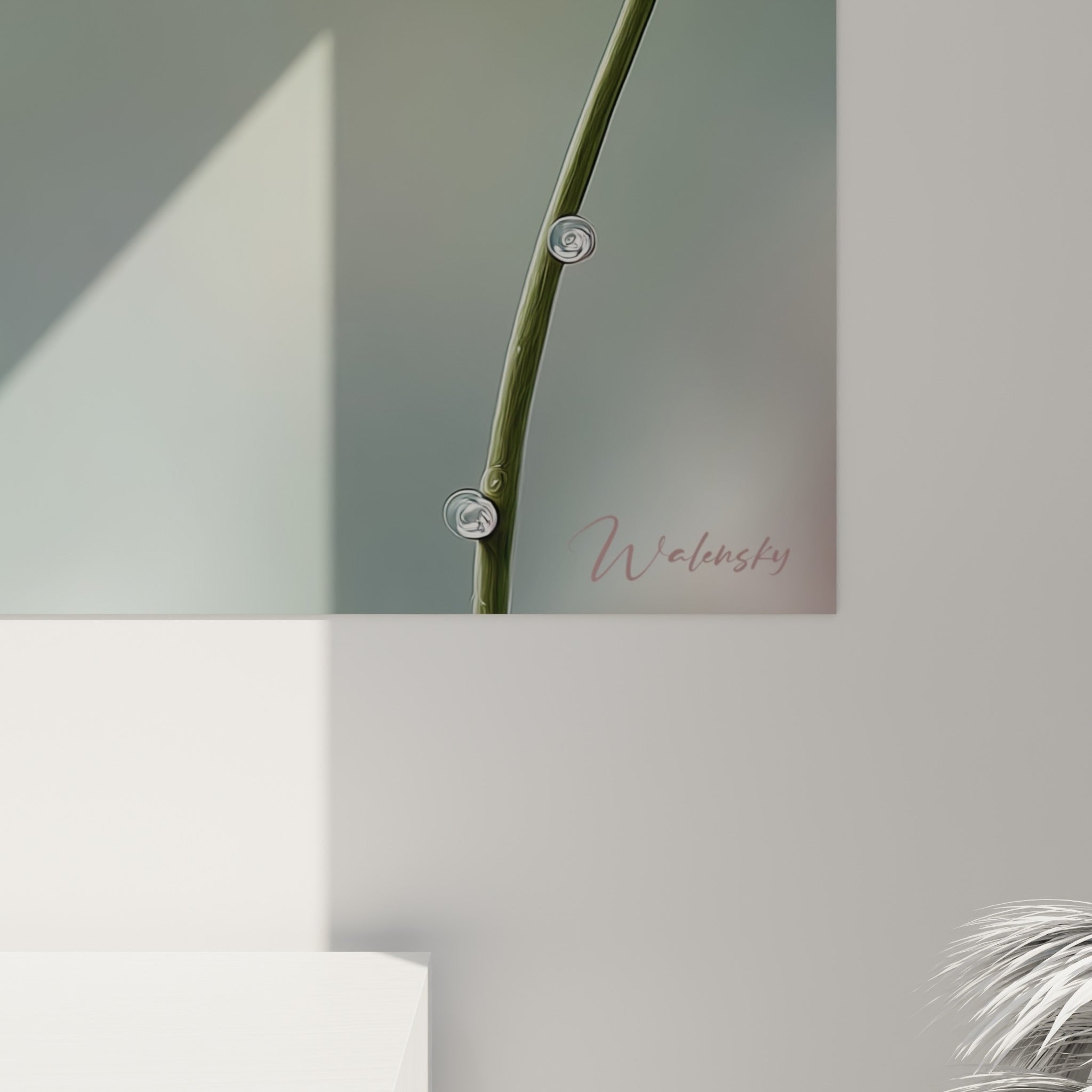 Détail des nervures roses et des gouttelettes translucides révélant le grain et la matière de l'impression