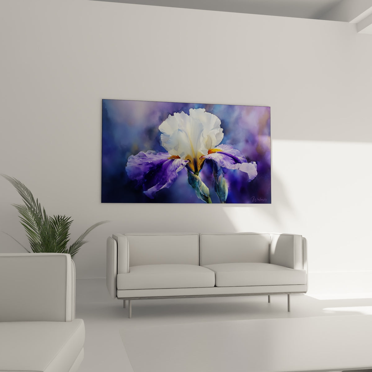 Pétales d'iris blancs et violets aux nuances profondes, disposés au-dessus d'un canapé dans un salon lumineux