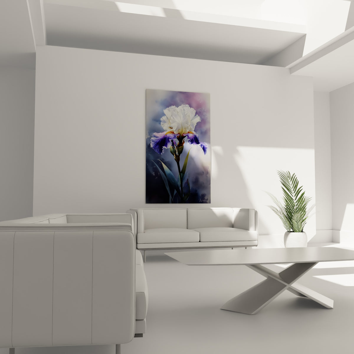 Pétales d'iris blancs et violets déployés en corolle, au-dessus d'un canapé dans un salon lumineux