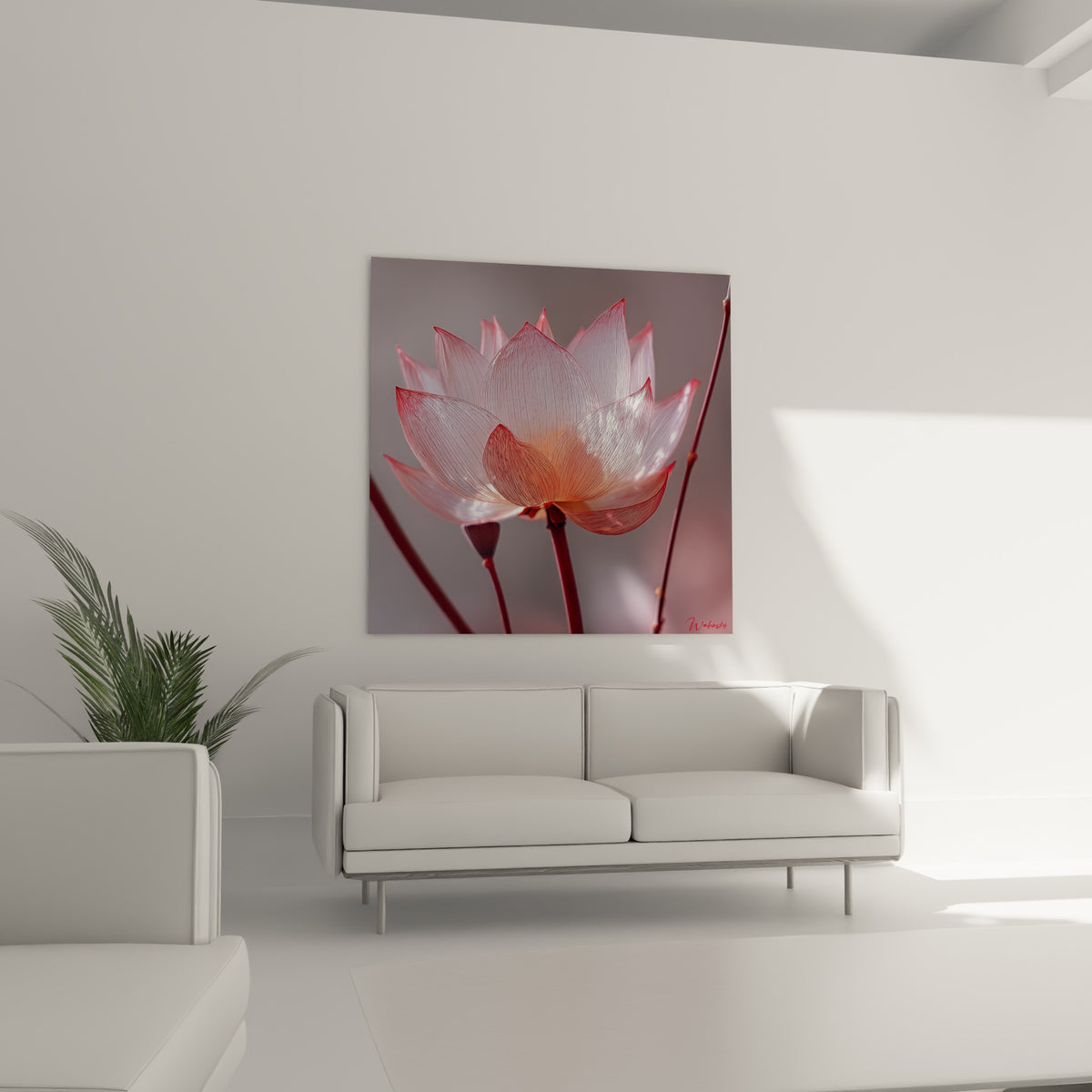 Pétales nacrés et nervures rouges d'un lotus délicat, suspendus au-dessus d'un canapé dans un salon lumineux