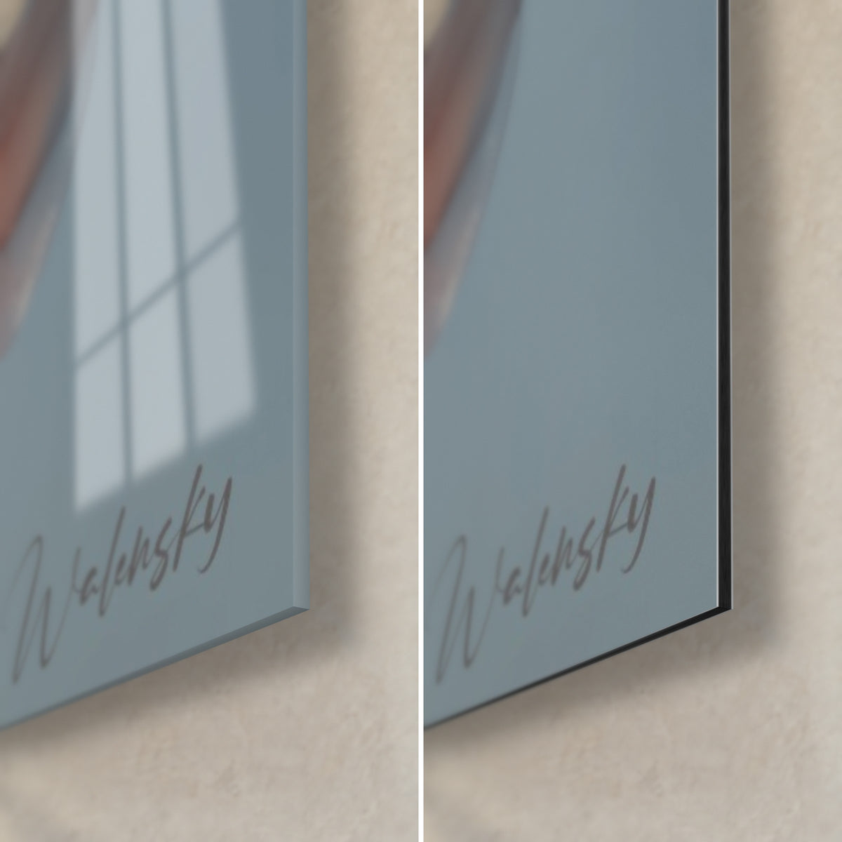 Schilderij doorschijnende klaprozen, rechtsonder: glanzend acrylglas dat het raam weerspiegelt, mat grijsblauw Dibond, 3 mm rand