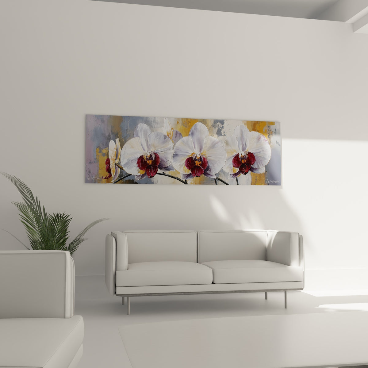 Pétales blancs nacrés et cœurs bordeaux d'orchidées, disposés au-dessus d'un canapé dans un salon lumineux