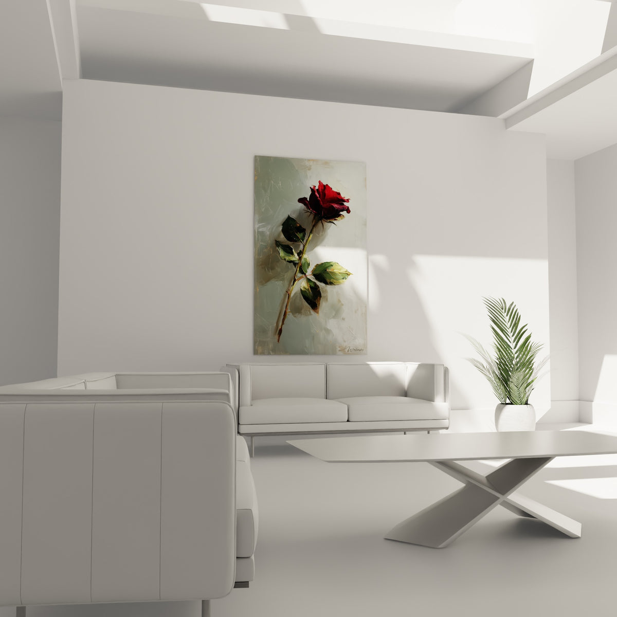 Pétale bordeaux et feuillage doré d'une rose peinte, au-dessus d'un canapé dans un salon lumineux