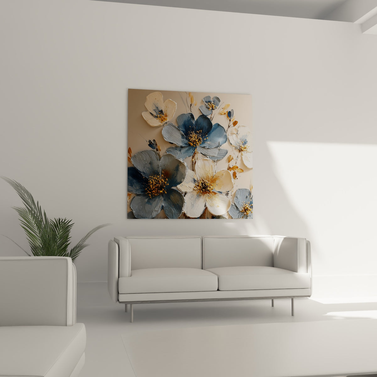 Pétales texturés ivoire et bleu-gris aux reflets dorés, disposés au-dessus d'un canapé dans un salon lumineux