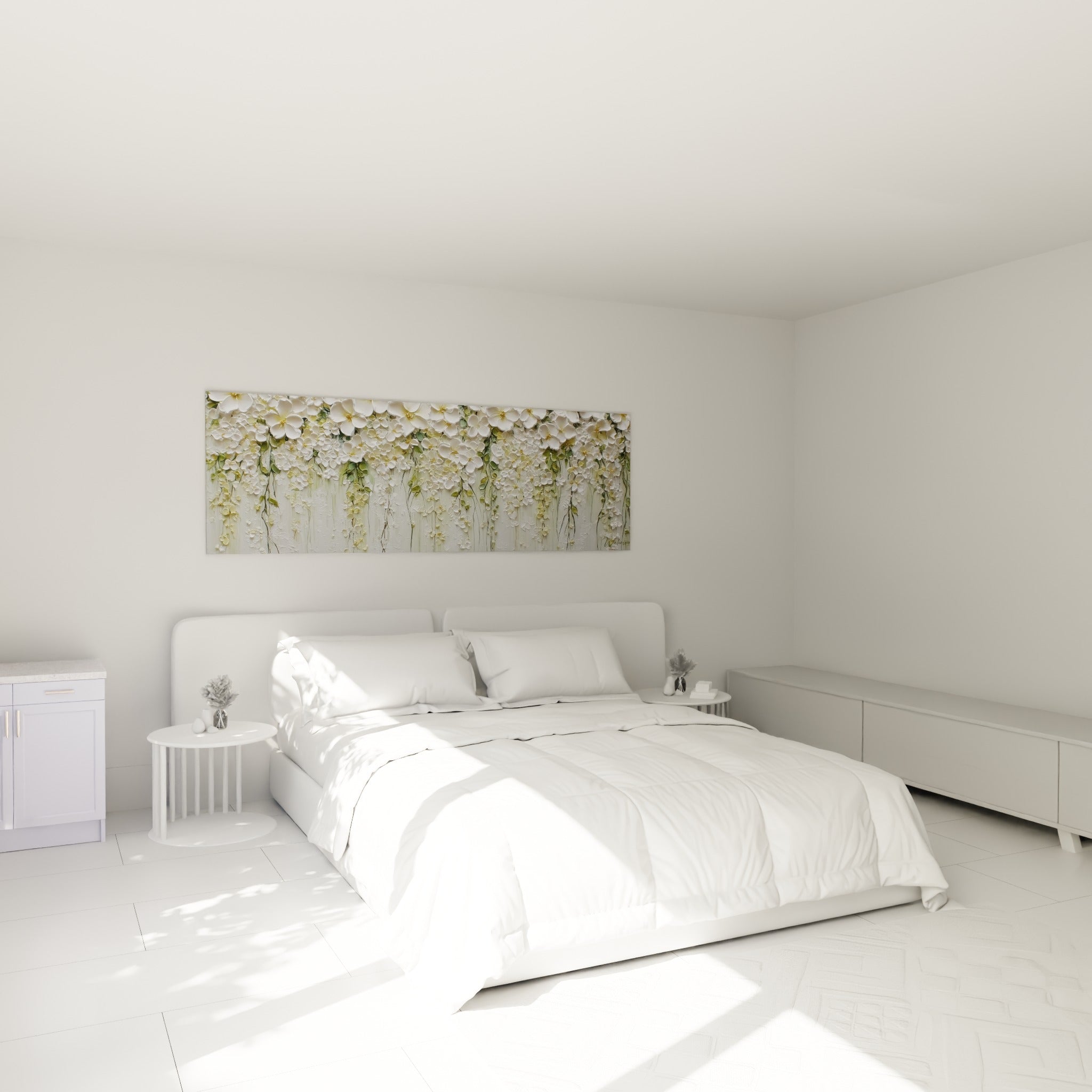 Cascade de fleurs blanches et vertes en relief accrochée au-dessus d'un lit dans une chambre claire