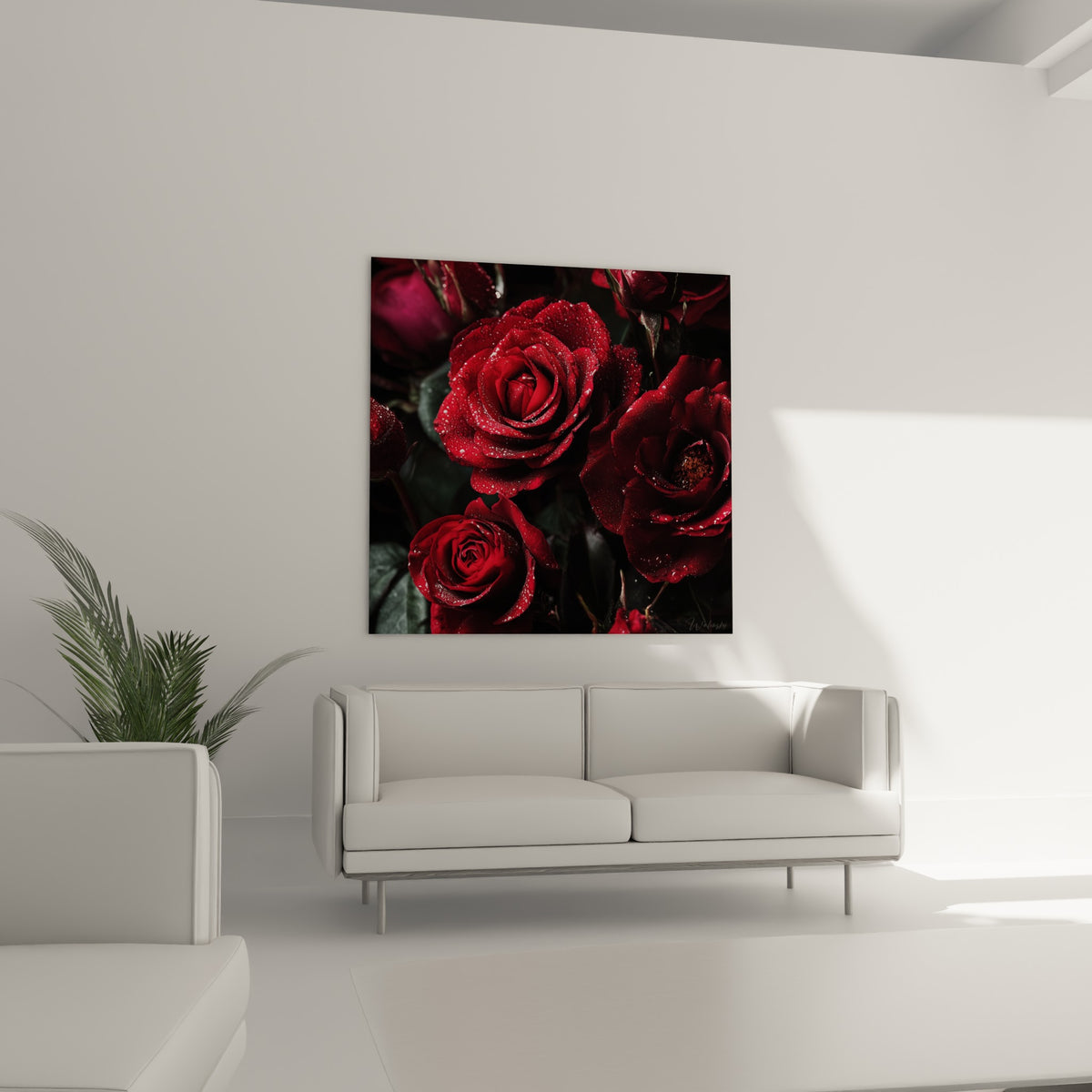 Pétales rouges gorgés de rosée entre vert sombre et reflets ambrés, au-dessus d'un canapé dans un salon lumineux
