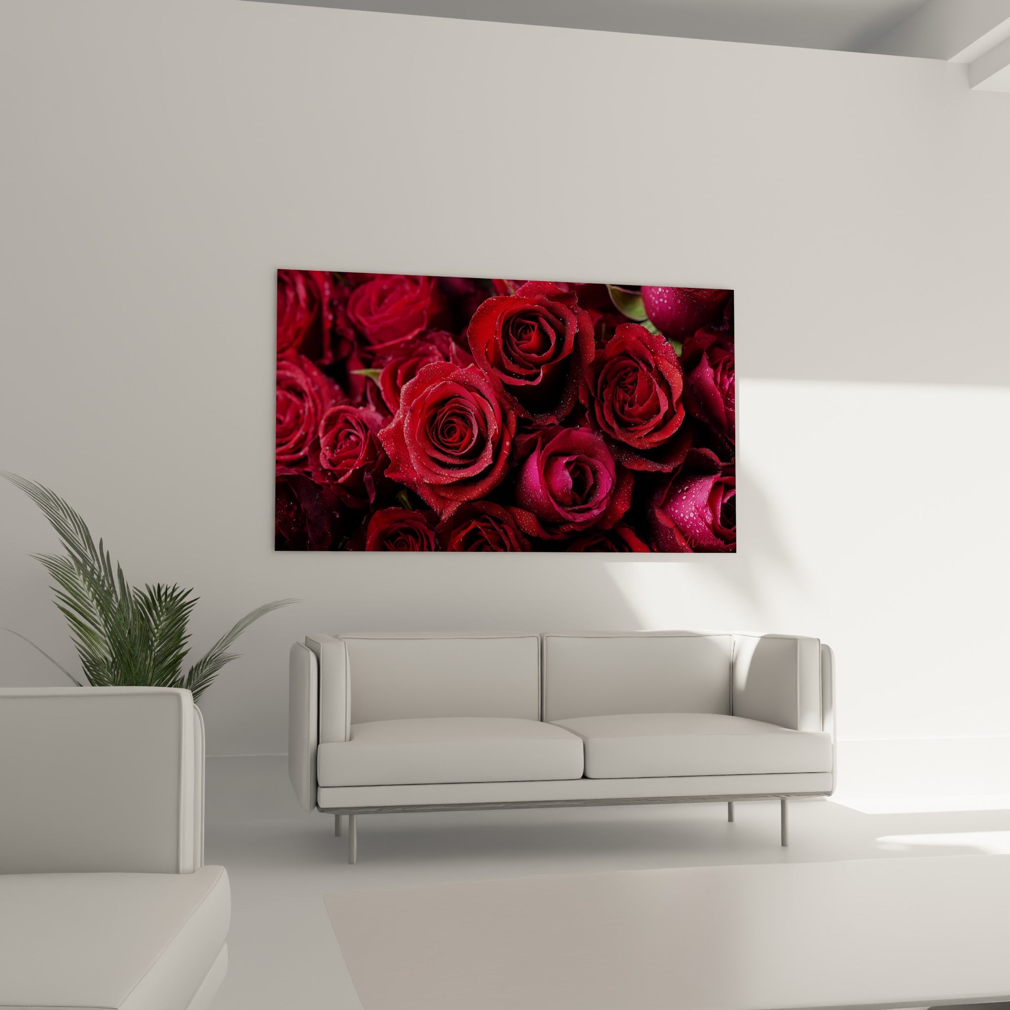 Roses veloutées rouge et bordeaux accrochées au-dessus d'un canapé dans un salon lumineux