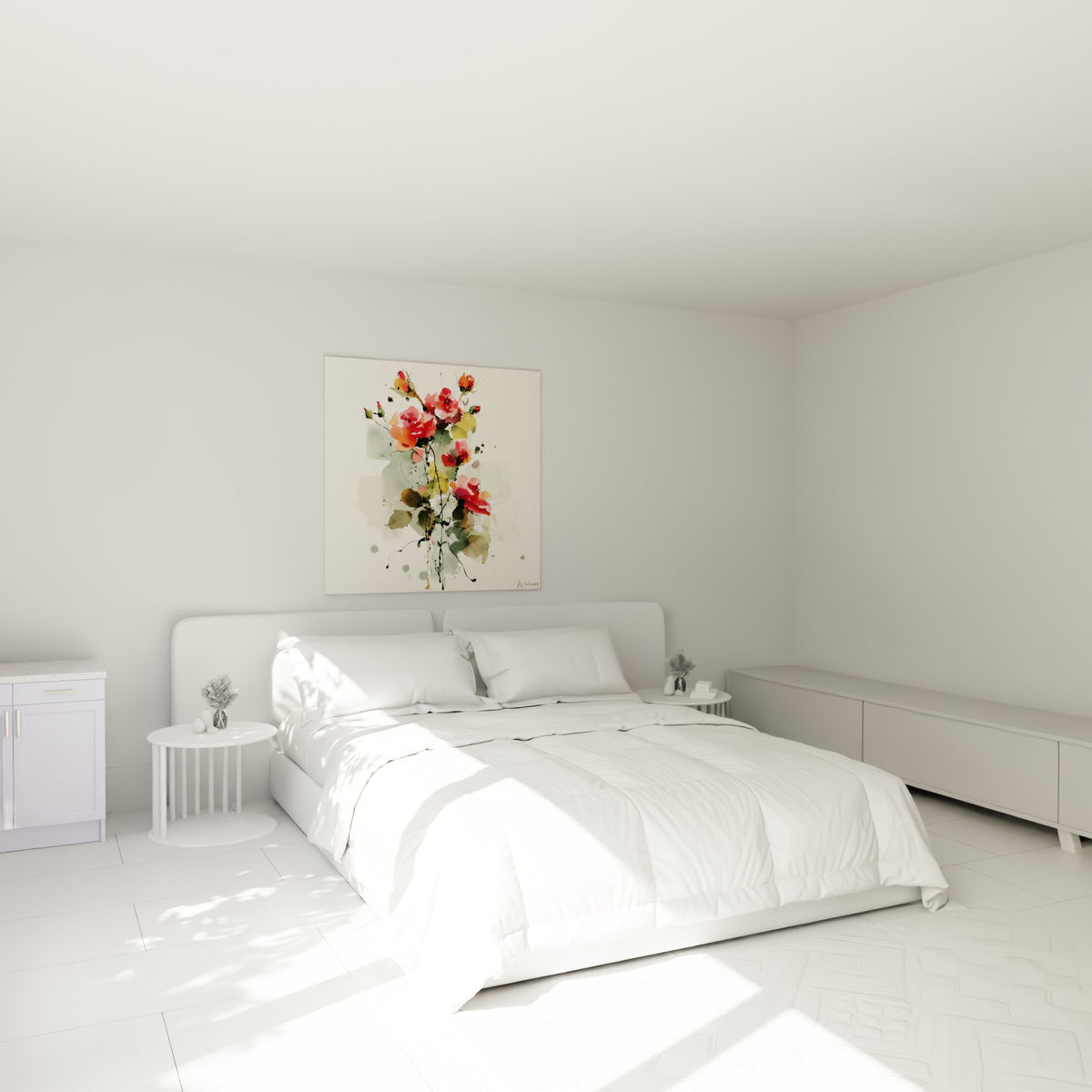 Roses rose vif et vert olive peintes en aquarelle libre, au-dessus d'un lit dans une chambre claire