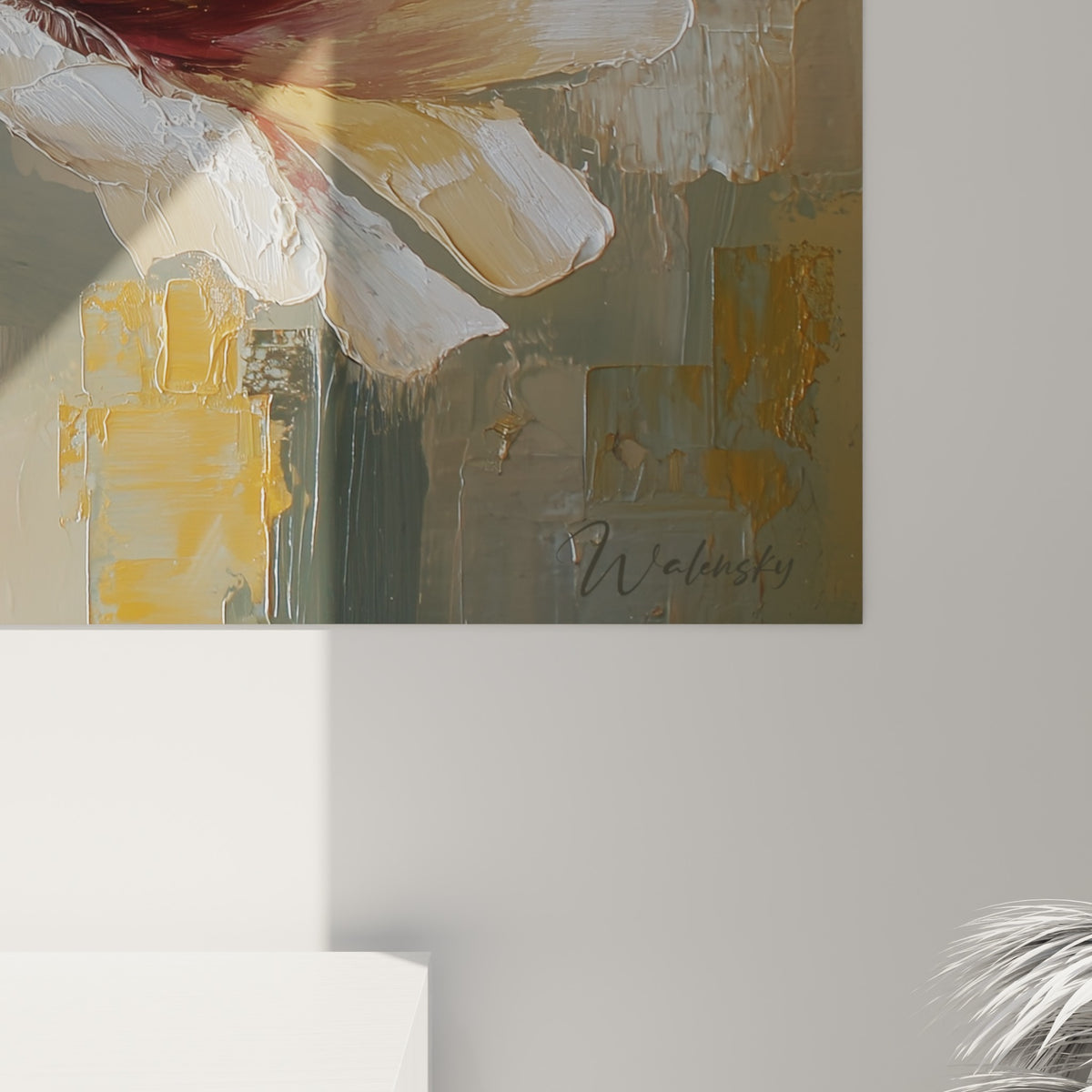Empâtements épais et coulures dorées sur pétales blancs, grain texturé visible en gros plan sur la toile