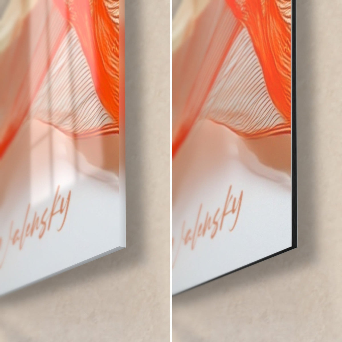 Wall art pearly white peony petals and orange veil, bottom right corner: glossy acrylic glass on the left, matte Dibond on the right