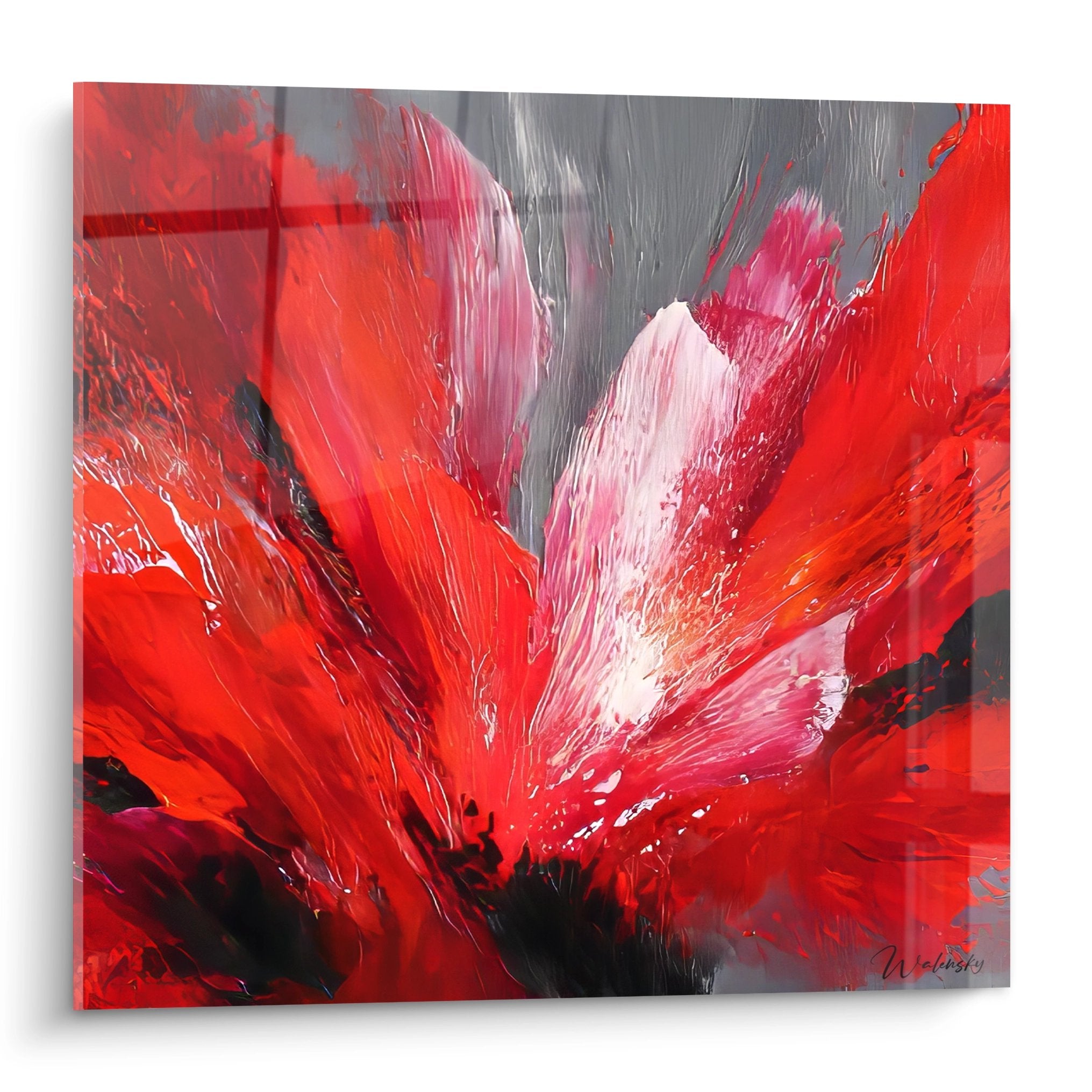 Tableau expressionniste fleur rouge abstraite avec pétales écarlates et coups de pinceau dynamiques