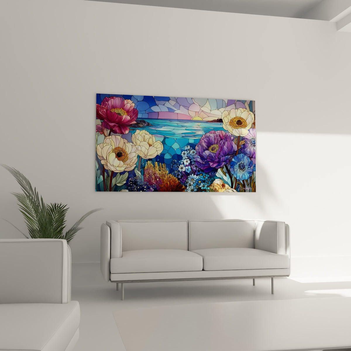 Anémones violettes et pivoines ivoire structurées en vitrail au-dessus d'un canapé dans un salon lumineux
