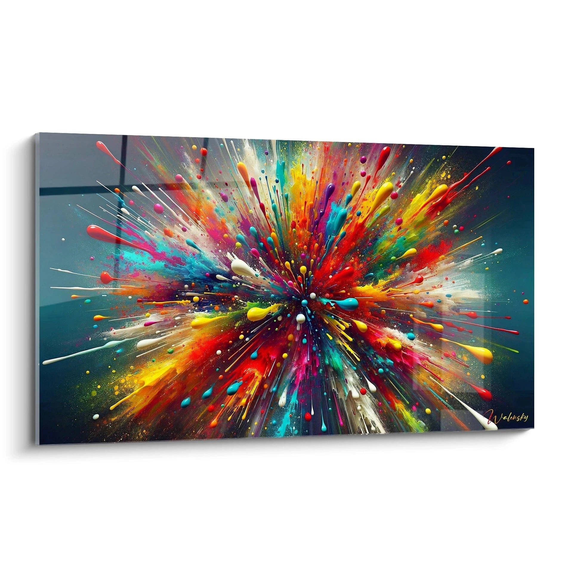 Tableau abstrait représentant une explosion de peinture multicolore sur fond sombre. Projection radiale de gouttelettes et éclaboussures dans toutes les directions. Palette complète incluant rouge vif, jaune soleil, turquoise, magenta et blanc. Texture dynamique combinant gouttes sphériques et traînées liquides créant un effet d'éclatement énergique.