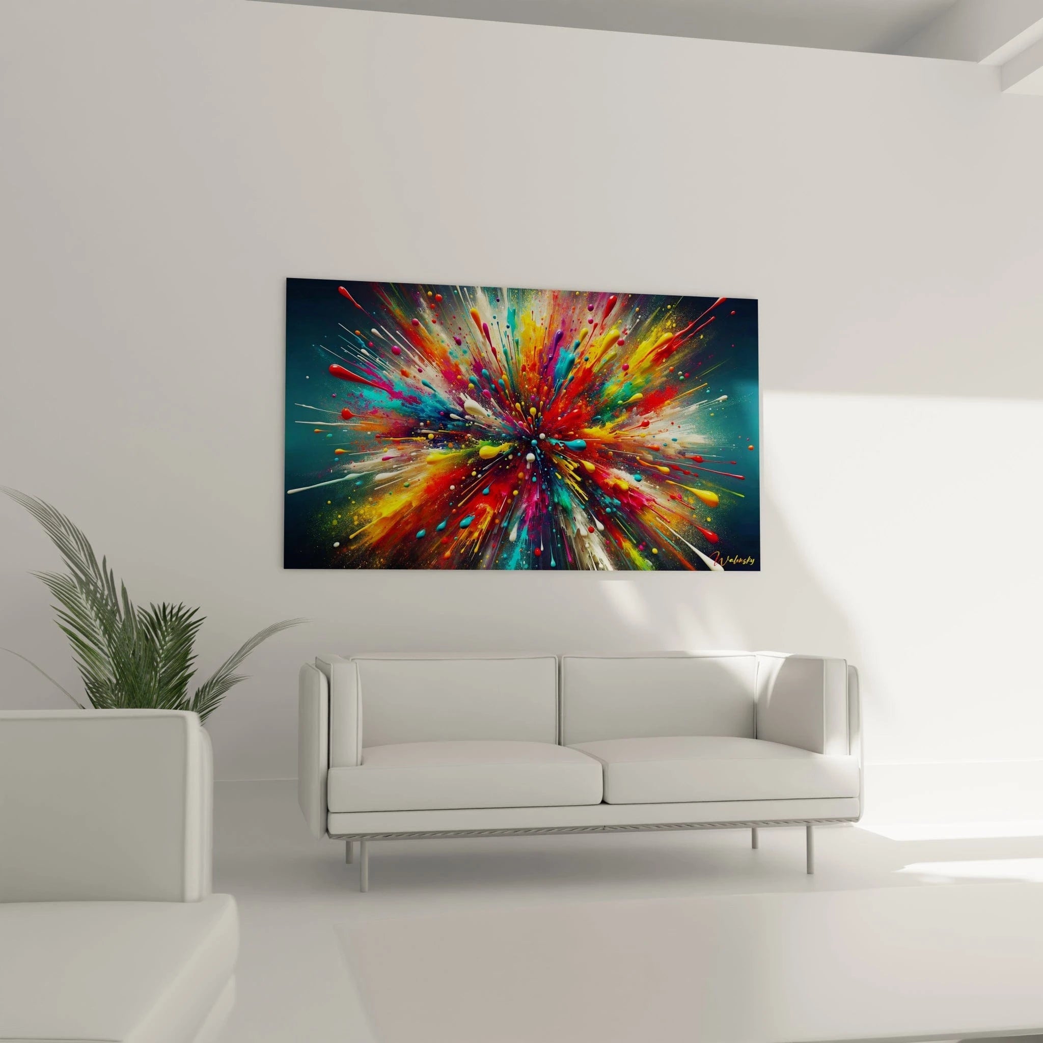 Tableau abstrait montrant une éruption de pigments éclatants. Gamme colorée exhaustive comprenant rouge écarlate, jaune citron, turquoise, rose fuchsia et blanc pur. Technique de projection de peinture créant des formes goutte à goutte et des rayons directionnels. Structure centrée avec mouvement expansif et gouttelettes en suspension sur fond indigo profond.