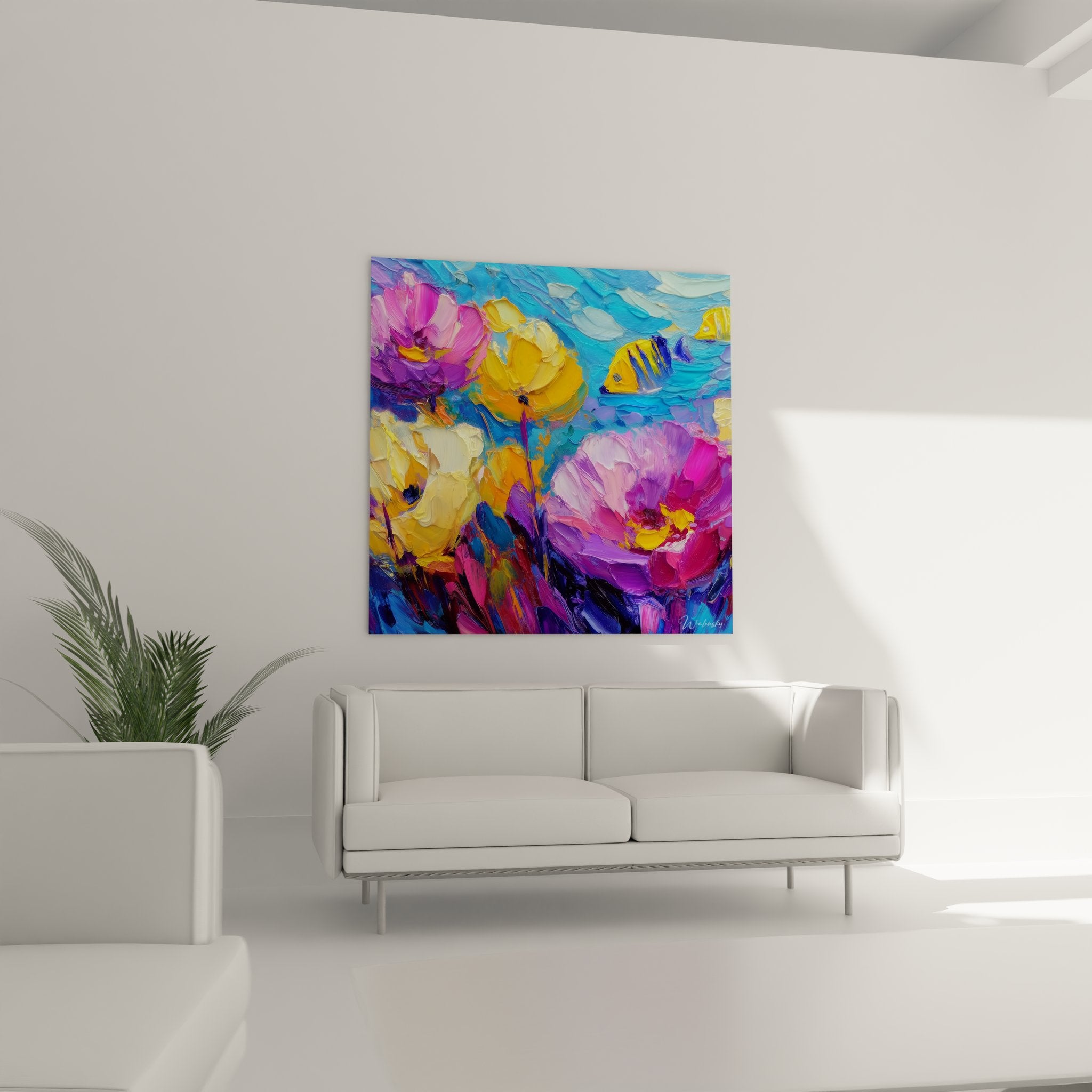 Gros plan tableau fleurs abstraites peinture épaisse détails couleurs vives violet jaune