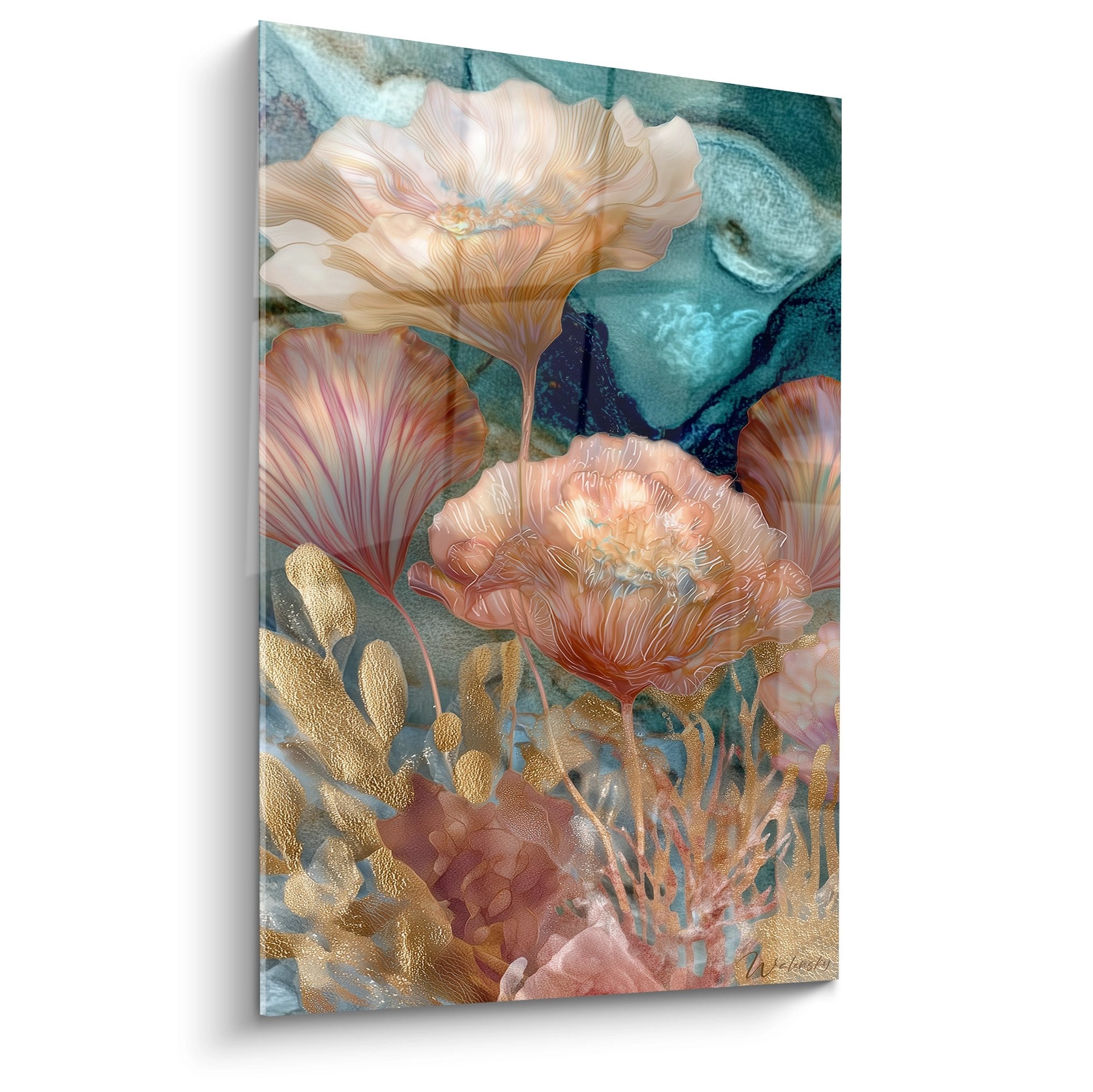 Tableau mural fleurs aquatiques corail avec anémones dorées sur fond marin turquoise