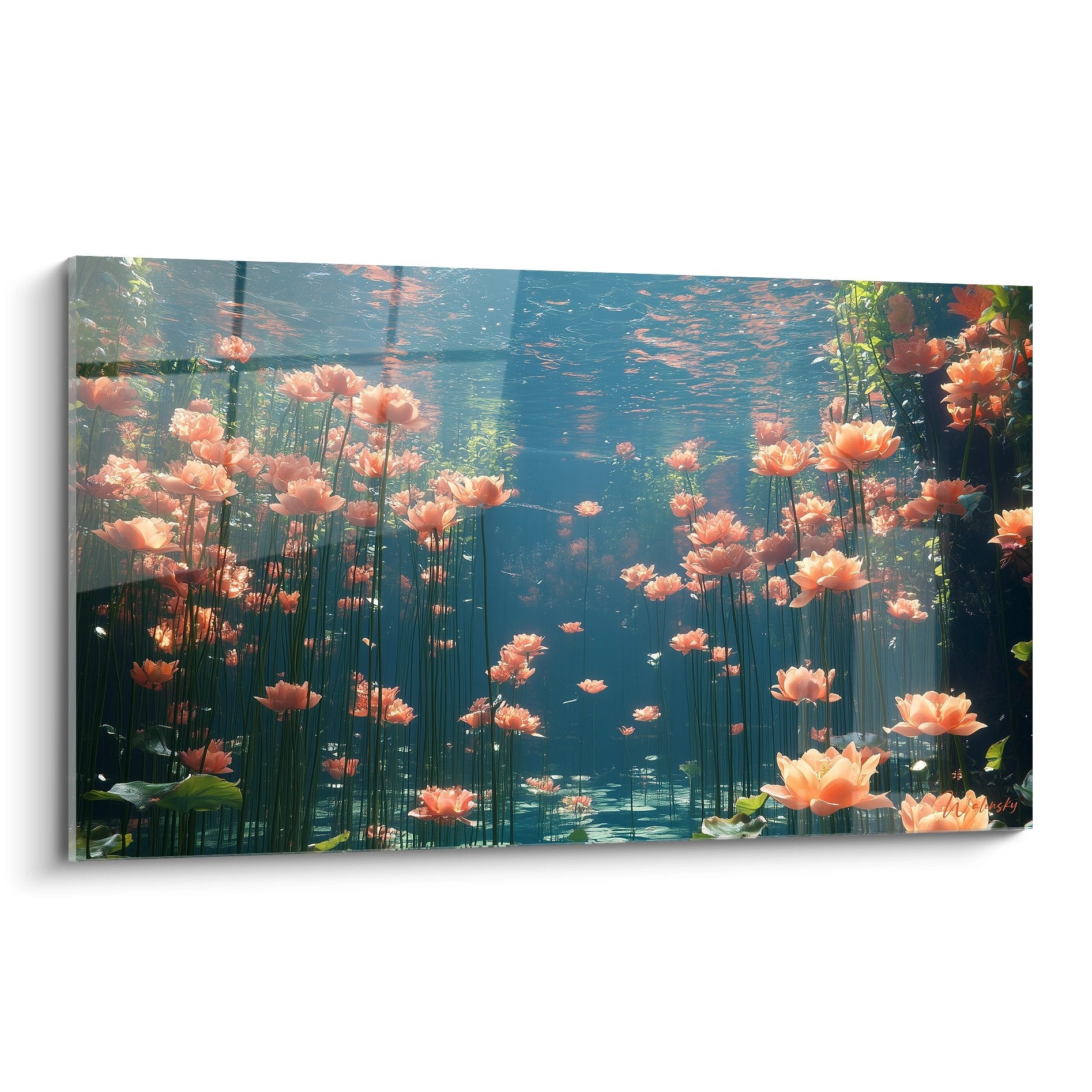 Tableau mural fleurs aquatiques sous-marines corail et bleu pour décoration intérieure