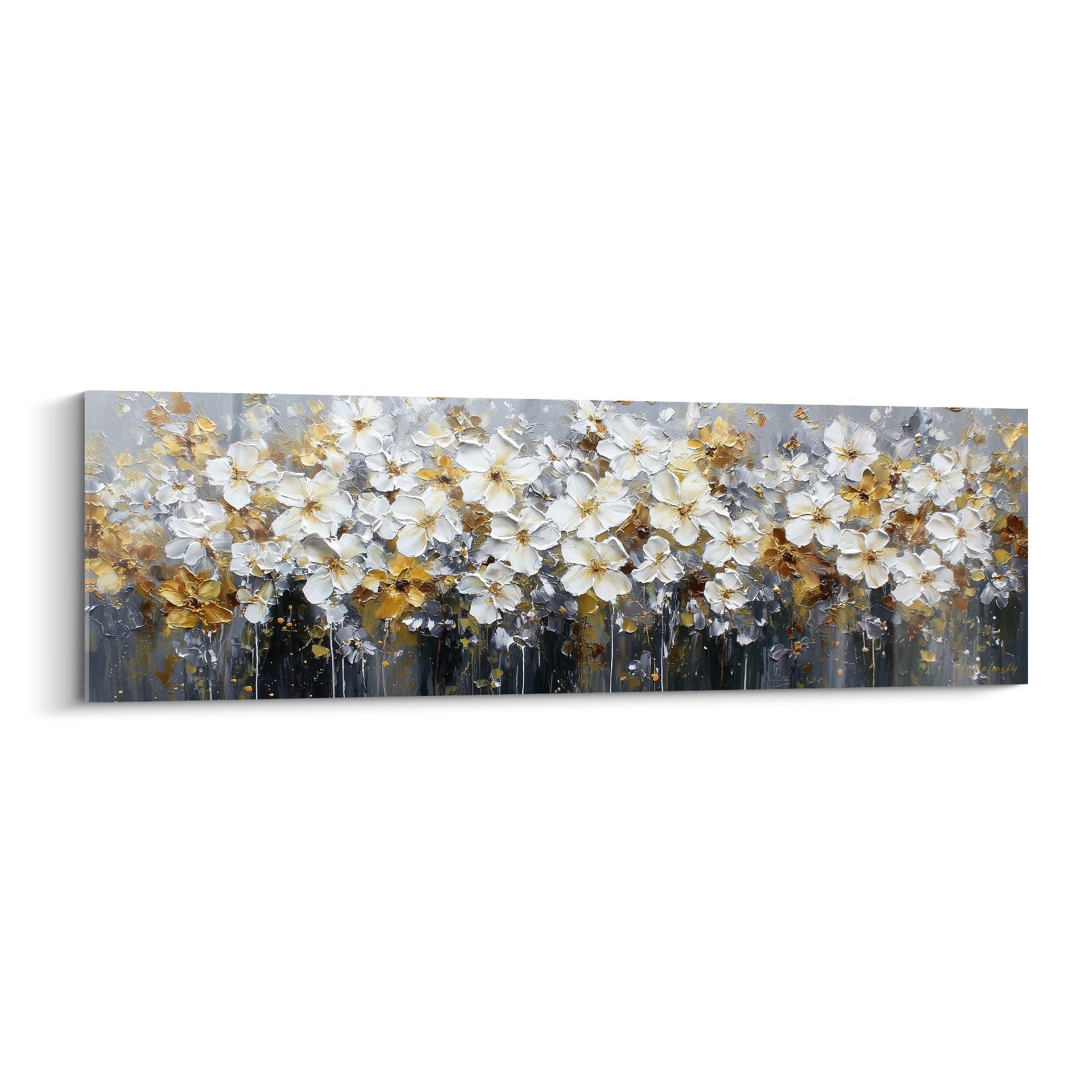 White and gold flowers painting charcoal background contemporary feng shui west metal style