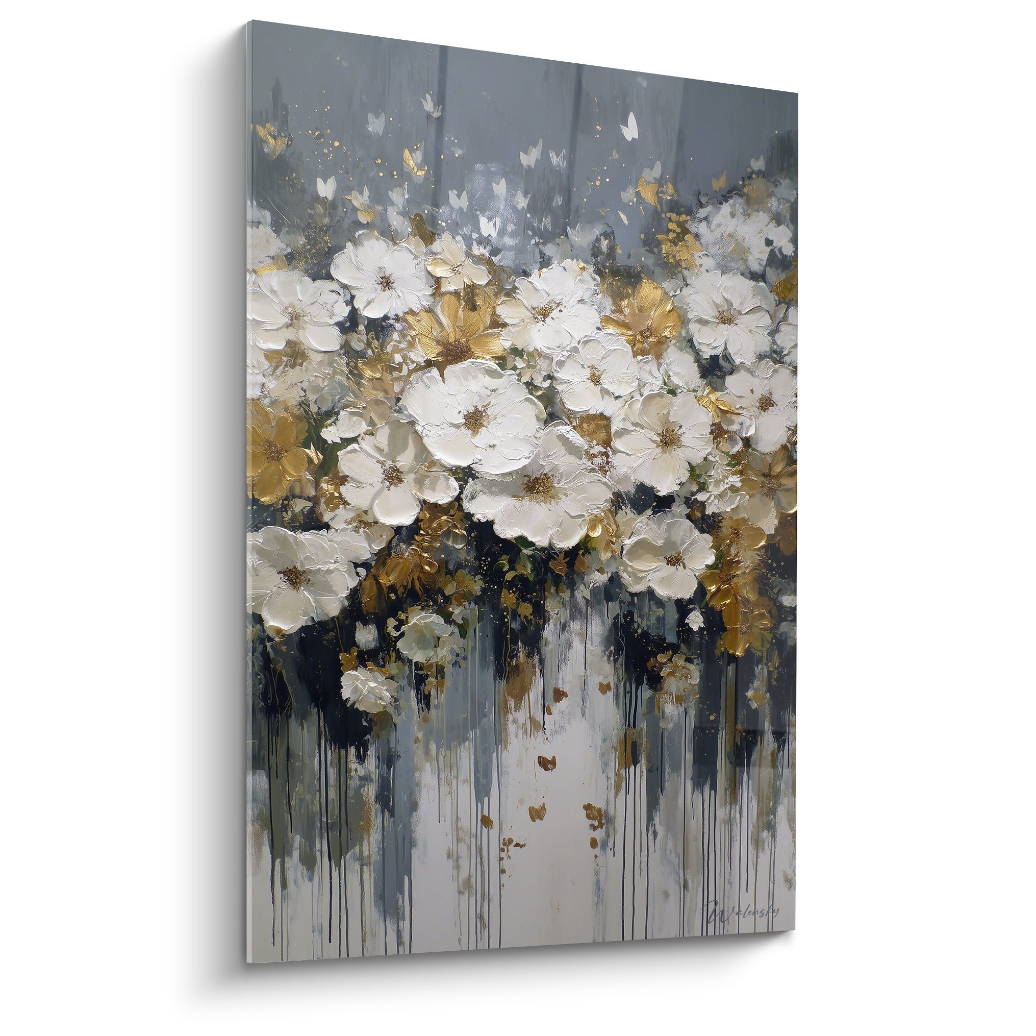 Tableau fleurs blanches dorees papillons fond gris coulures feng shui ouest metal decoration murale