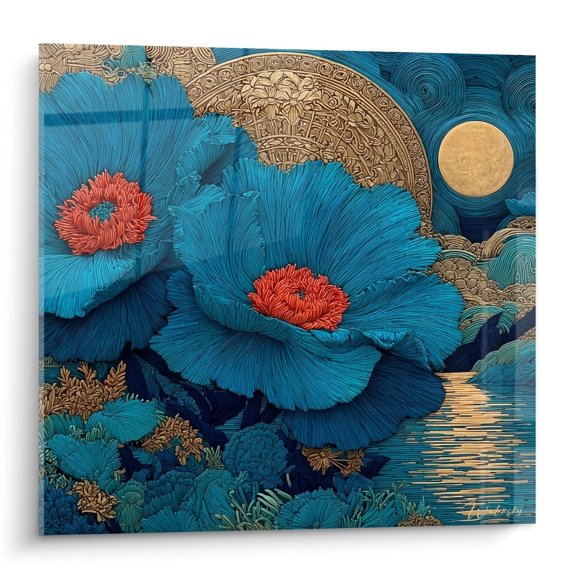 tableau fleurs bleues art nouveau Walensky avec grandes fleurs bleu turquoise aux centres rouges et accents dorés