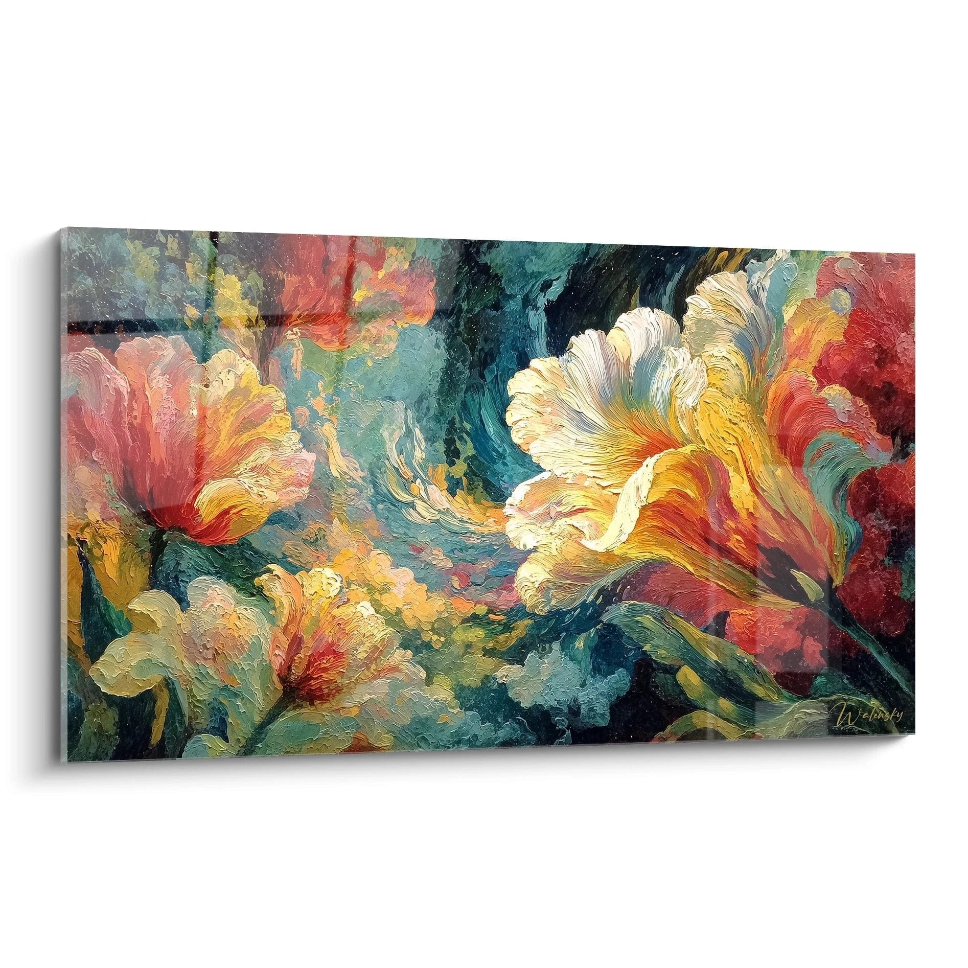 tableau fleurs baroque Walensky peinture murale fleurie colorée avec détails ornementaux et textures dynamiques