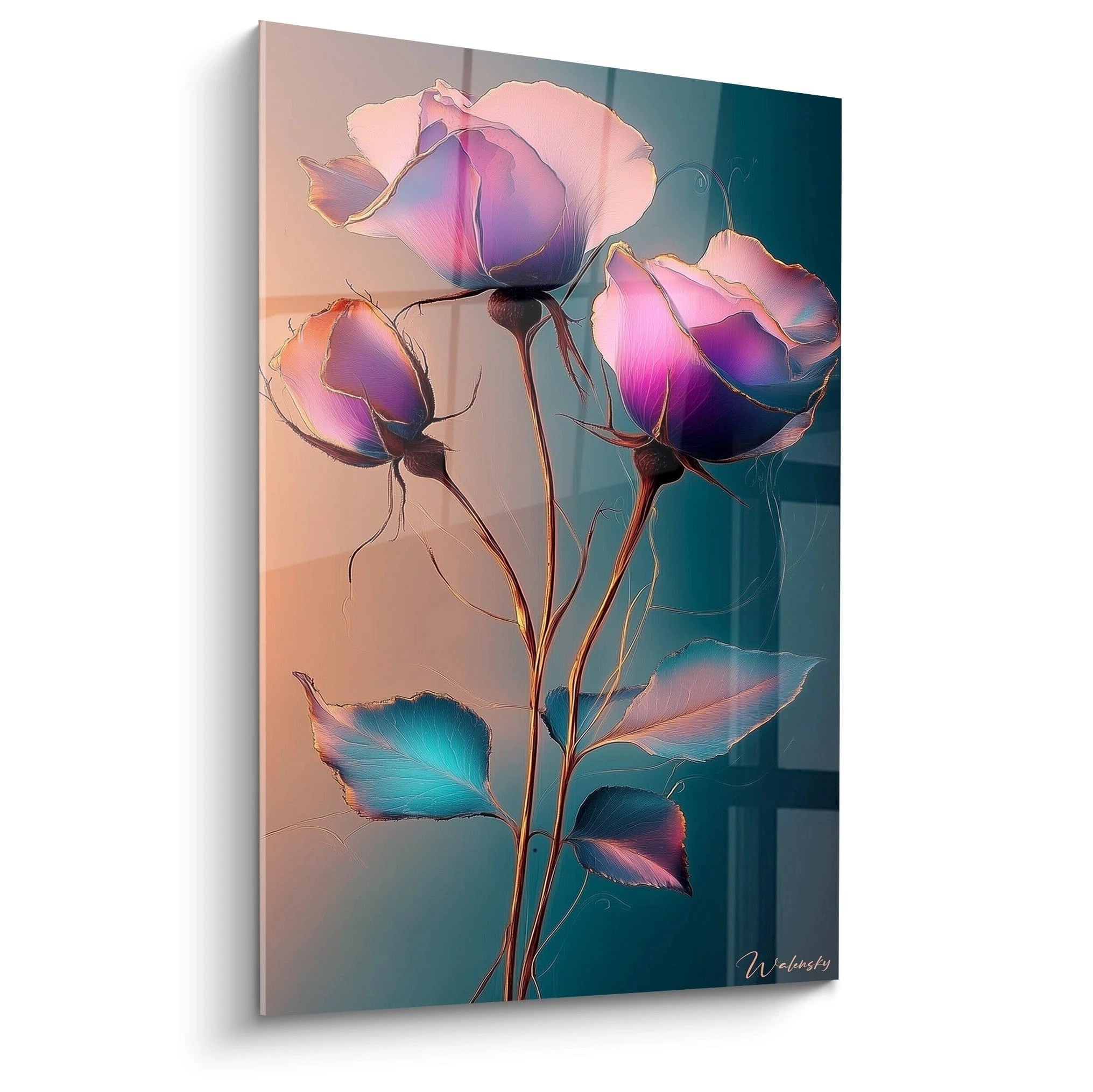 Un tableau fleurs élégant présentant trois roses stylisées aux pétales rose et violet bordés d'or, sur tiges brunes fines, avec feuilles turquoise lumineuses sur un fond dégradé bleu-pêche aux textures douces et brillantes.