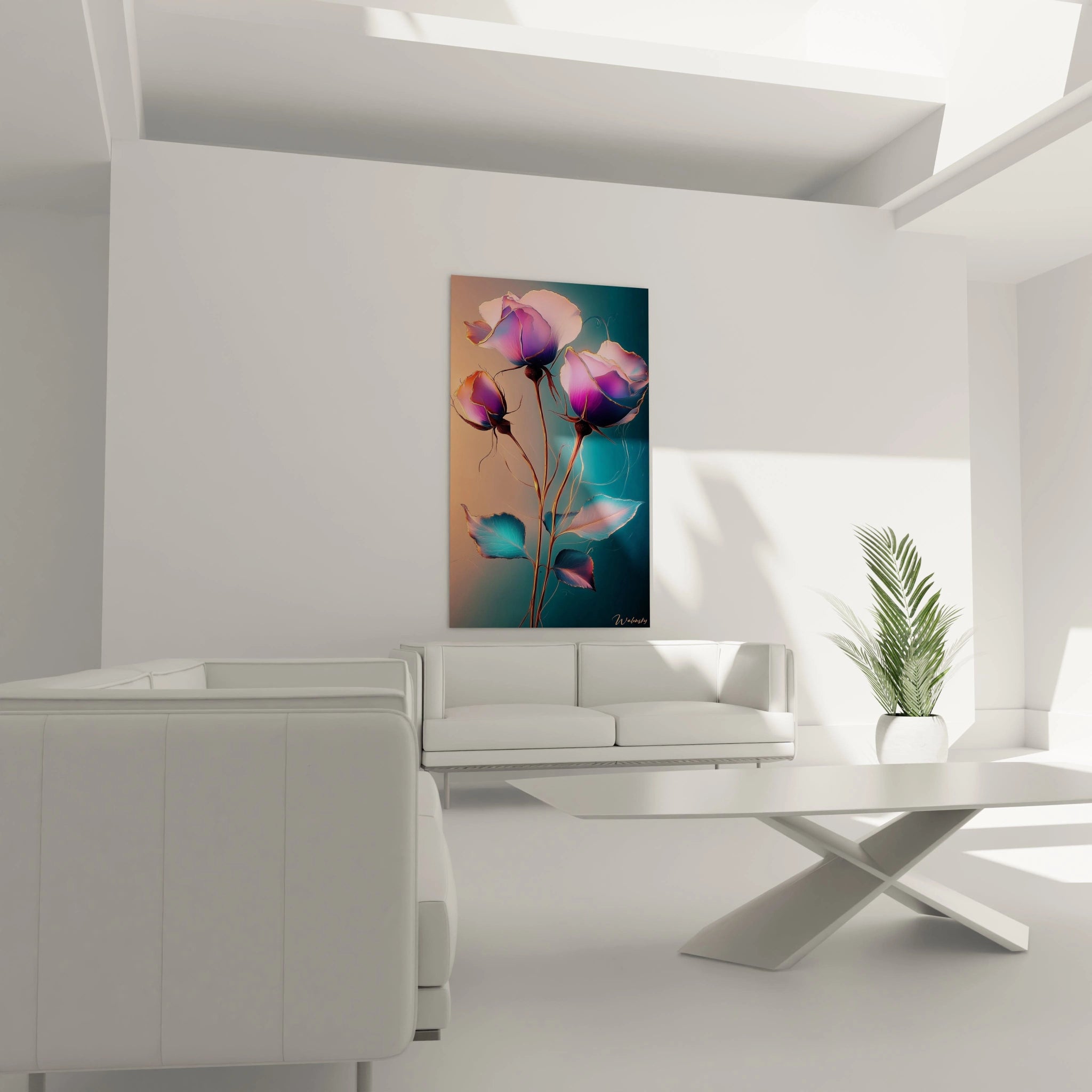 Un tableau fleurs contemporain représentant trois boutons floraux ouverts aux couleurs violet, rose et bleu, avec des contours dorés lumineux, des tiges brunes élancées et des feuilles turquoise éclatantes sur fond dégradé apaisant.