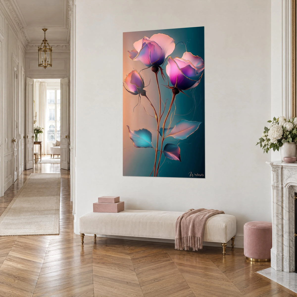 Gemälde mit einem Strauß aus drei Rosen mit malvenfarbenen und rosigen Blütenkronen, blaugrün geäderte Blätter, in einem Haussmann-Korridor in Dreiviertelansicht