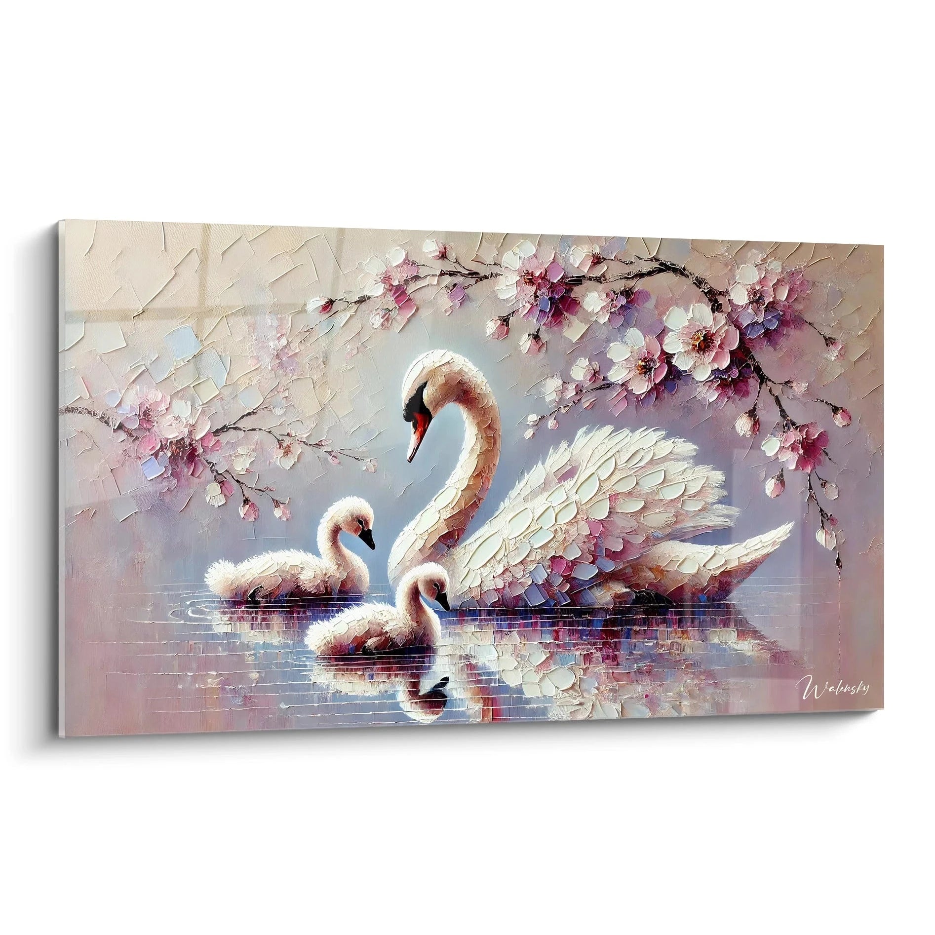 Vue de biais, ce tableau cygne révèle chaque détail touchant de la scène entre la mère et ses cygneaux, entourés de fleurs de cerisier. Une élégance douce et apaisante pour sublimer votre intérieur.