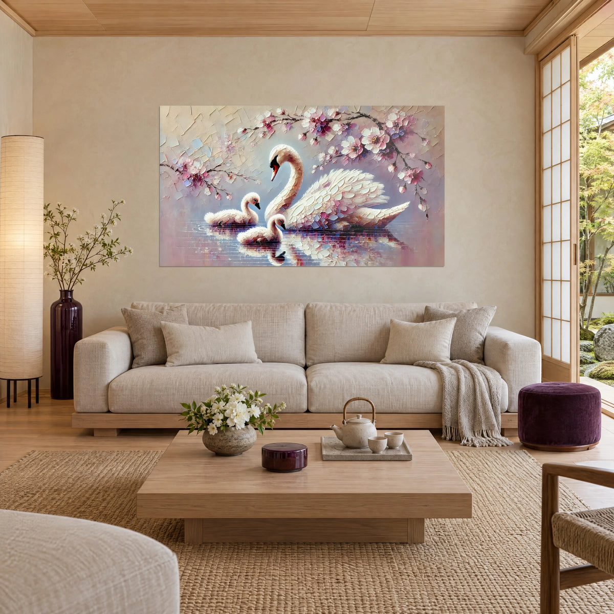 Cuadro cisne blanco de plumaje nacarado y sus dos cisnecitos esponjosos, rama de cerezo en flor rosa arriba, sobre un sofá en un salón luminoso