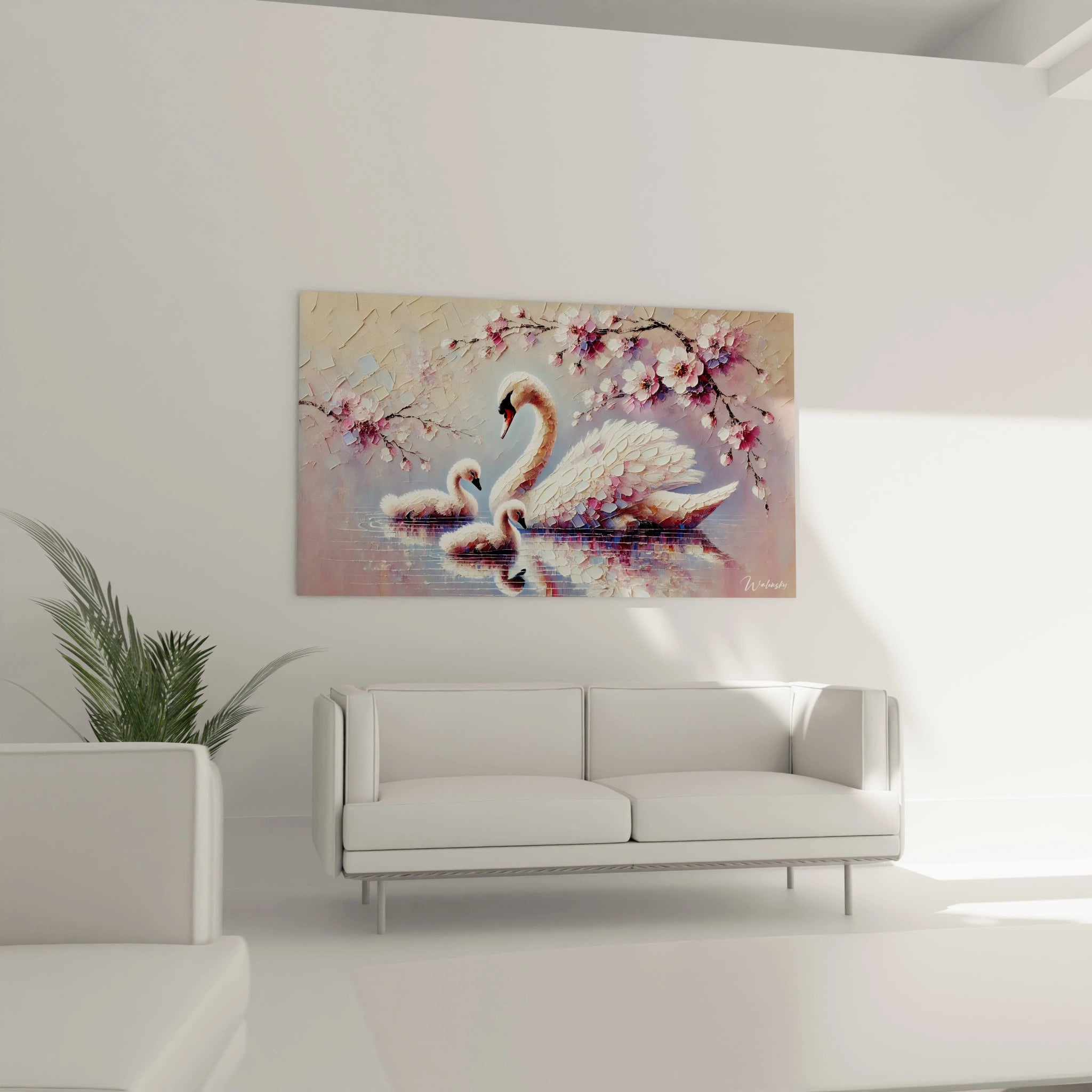 Au-dessus du canapé, ce tableau cygne offre une vision apaisante et poétique au salon. Sa composition délicate et ses couleurs douces enrichissent l'atmosphère d'un style naturel et élégant.