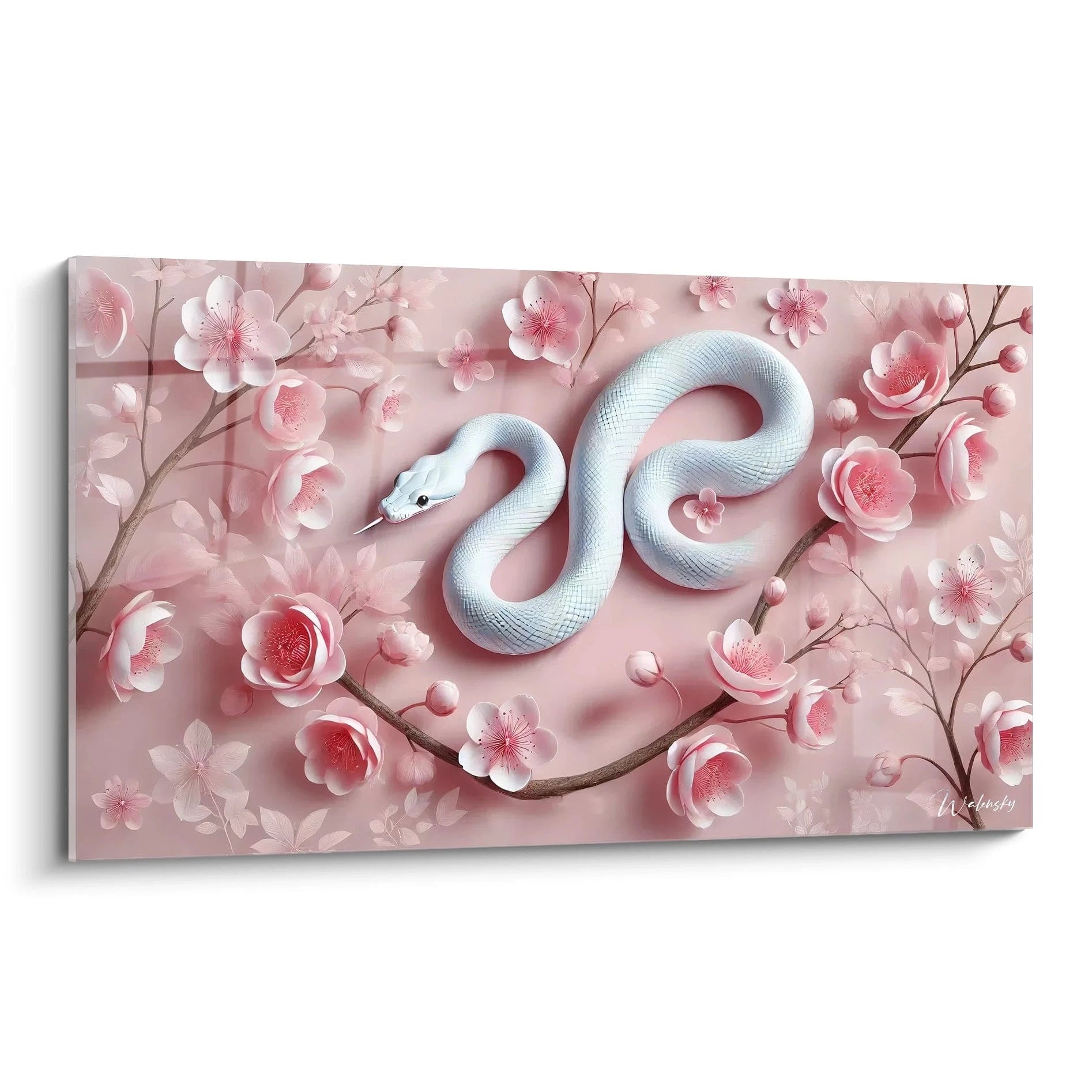 tableau serpent en vue de biais montre la finesse des details et la serenite de cette scene florale et poetique. Le serpent blanc au milieu des fleurs roses apporte une touche de douceur a votre interieur