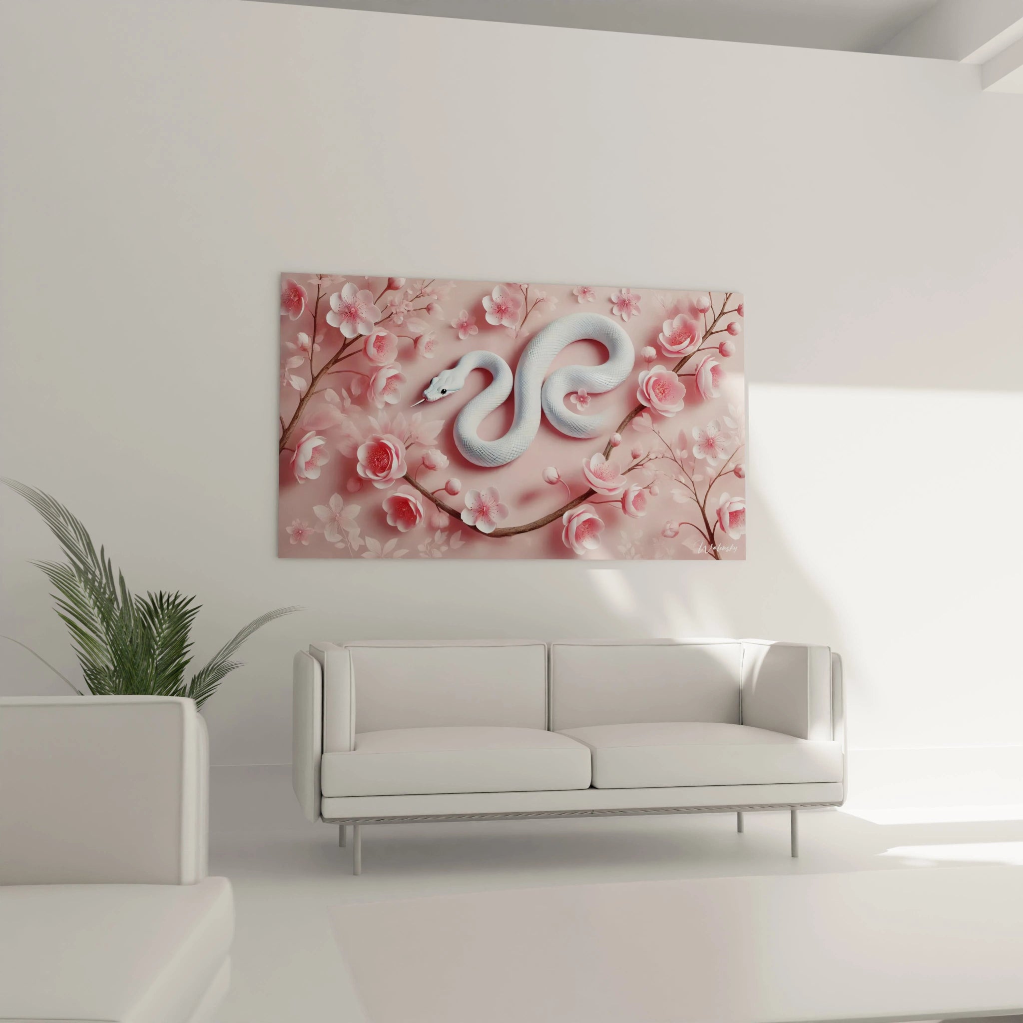 le tableau serpent accroché dans un salon au dessus du canapé insuffle une atmosphere de serenité et d'elegance. La scene florale et le serpent blanc se fondent parfaitement dans une deco moderne
