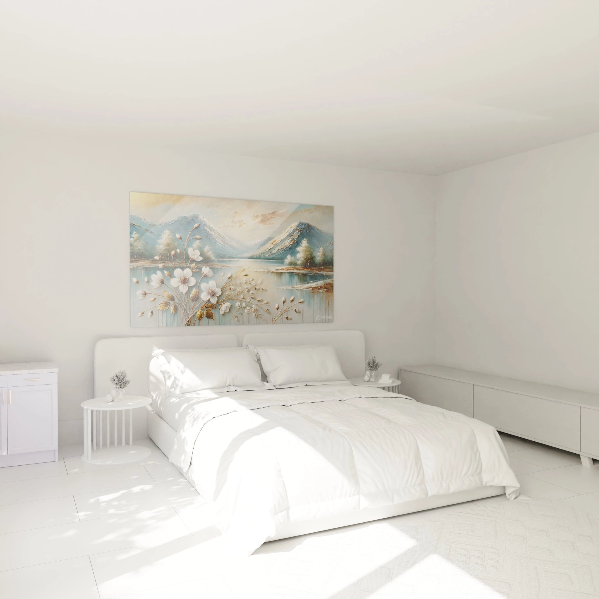 Le tableau Montagne embellit votre chambre, accroché au-dessus du lit. Ses couleurs apaisantes et sa beauté naturelle créent une atmosphère sereine pour votre espace de repos.
