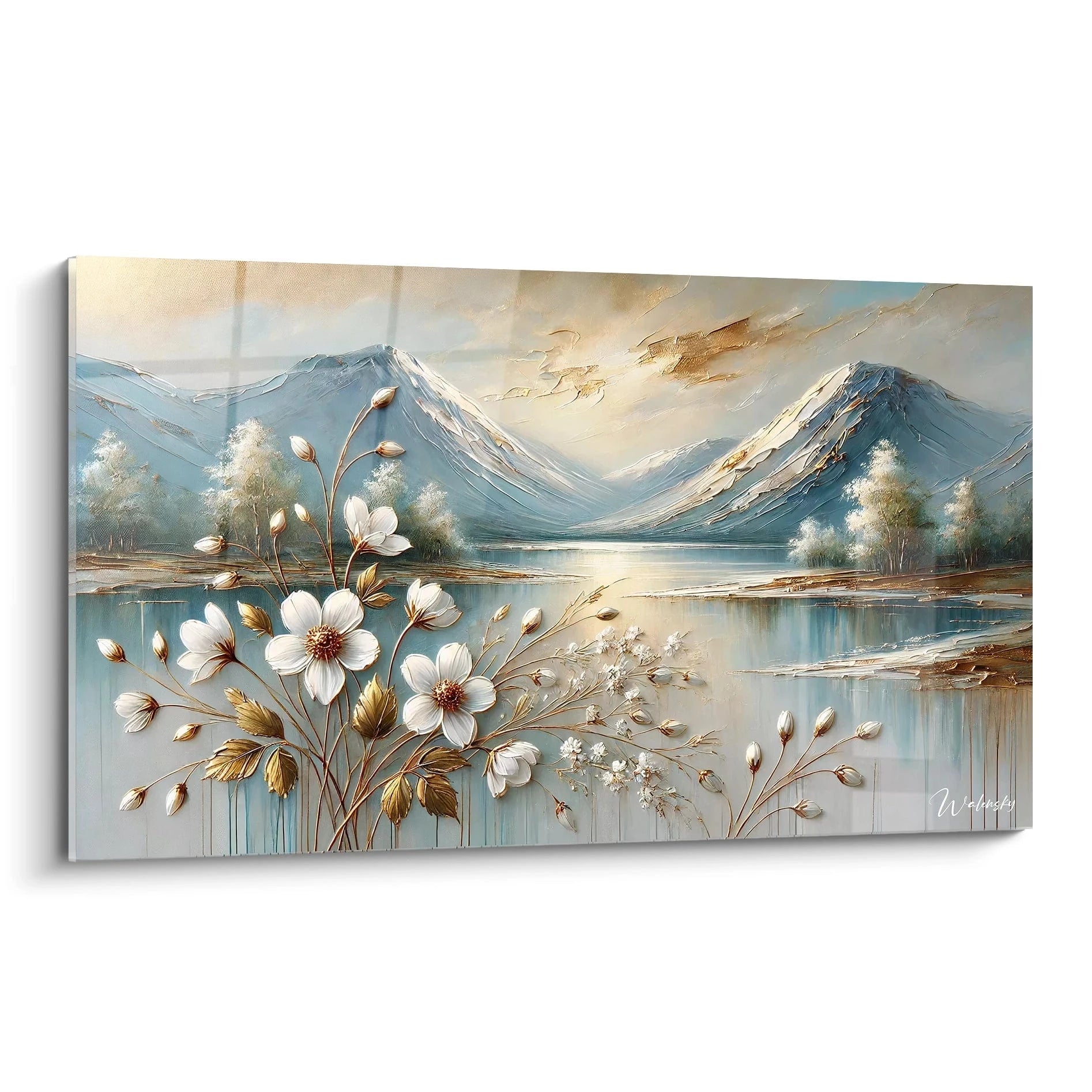 Découvrez le tableau Montagne, une fusion contemporaine de la grandeur des montagnes et de la délicatesse florale. Une œuvre qui invite à la contemplation de la nature.