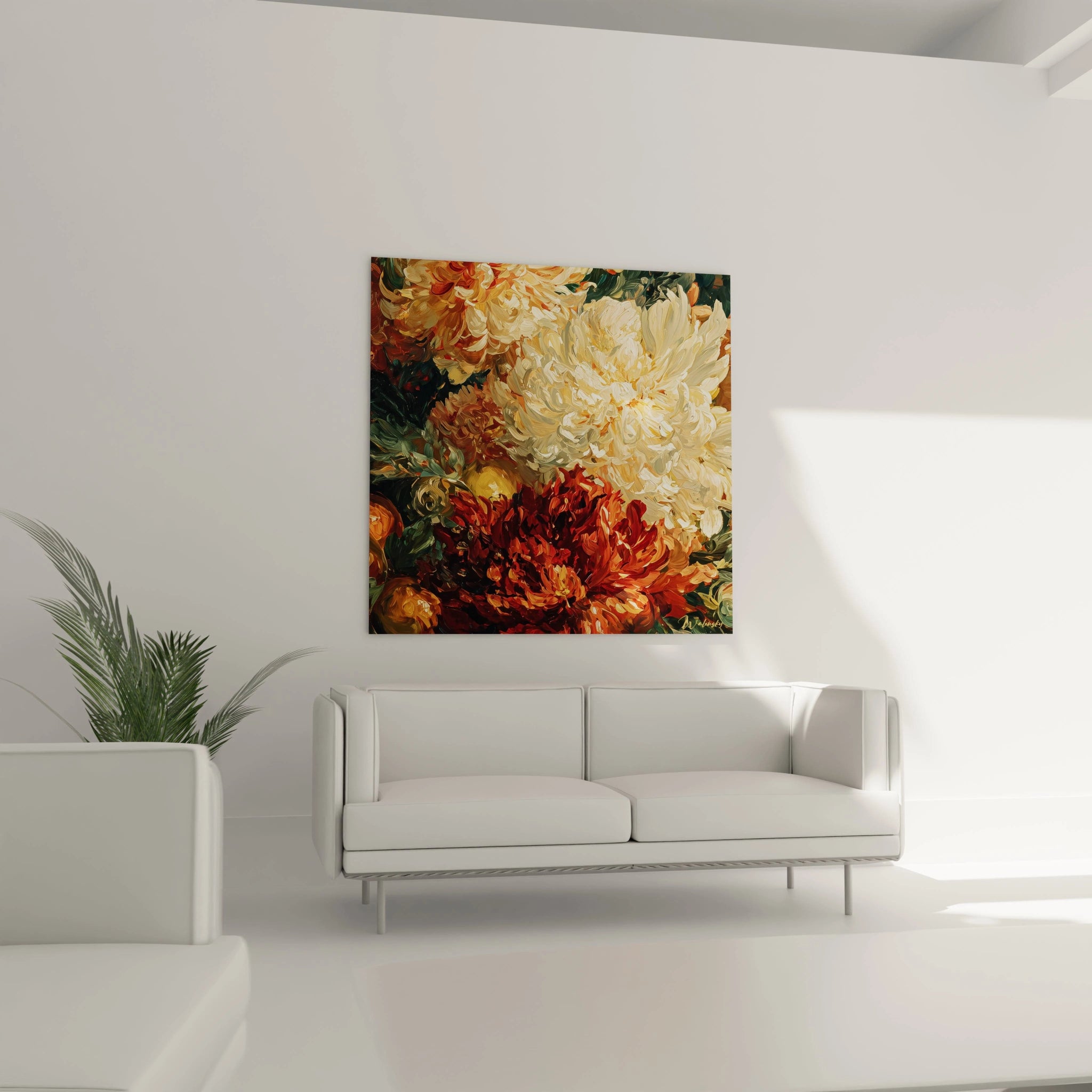 Tableau mural Walensky tableau fleurs renaissance chrysanthèmes rouge orange et crème sur toile carrée au dessus du canapé