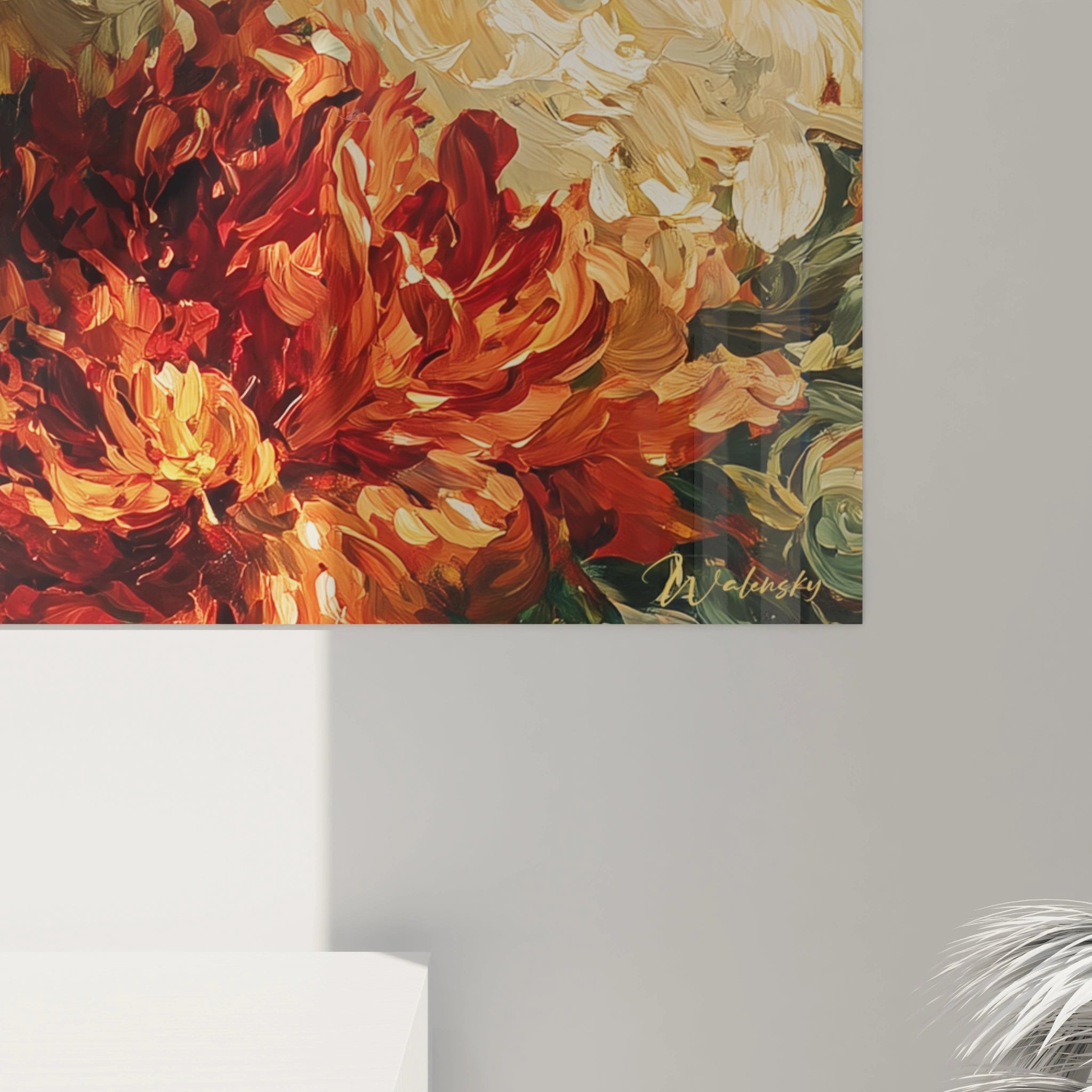 Tableau mural Walensky gros plan de fleurs peintes rouges orange et crème avec feuillage vert tableau fleurs renaissance