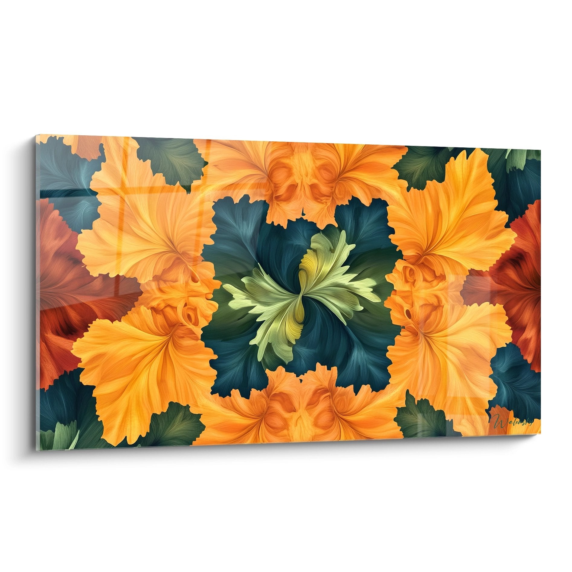 Tableau mural fleurs fractales oranges et vertes, art géométrique moderne pour décoration intérieure