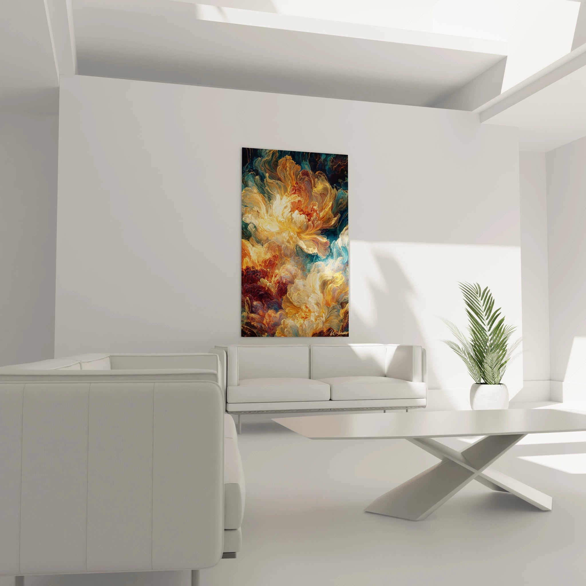 tableau fleurs baroque Walensky tableau mural floral coloré accroché au dessus d un canapé blanc minimaliste