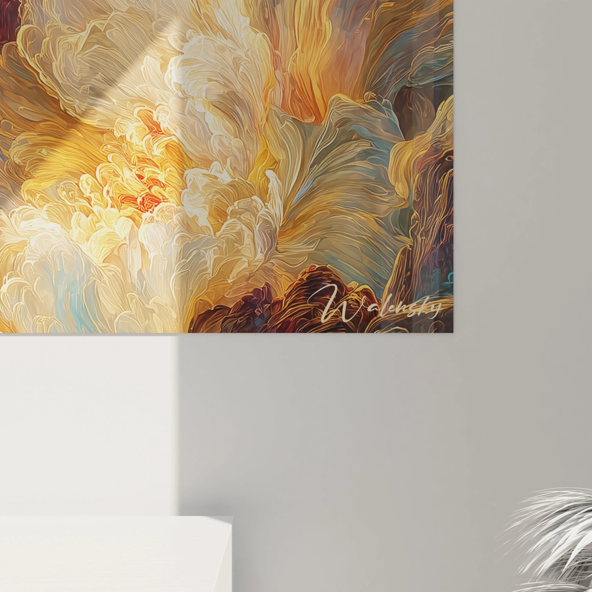 Tableau mural Walensky motif tableau fleurs baroque abstrait en tons dores et blancs, signe Walensky