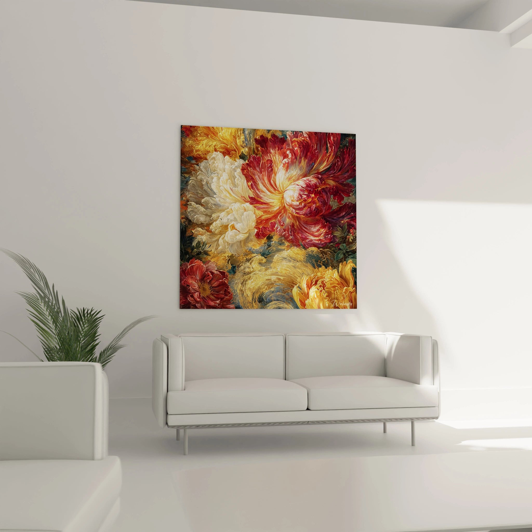 tableau fleurs baroque Walensky peinture murale florale rouge et jaune posé au dessus d un canapé blanc minimaliste