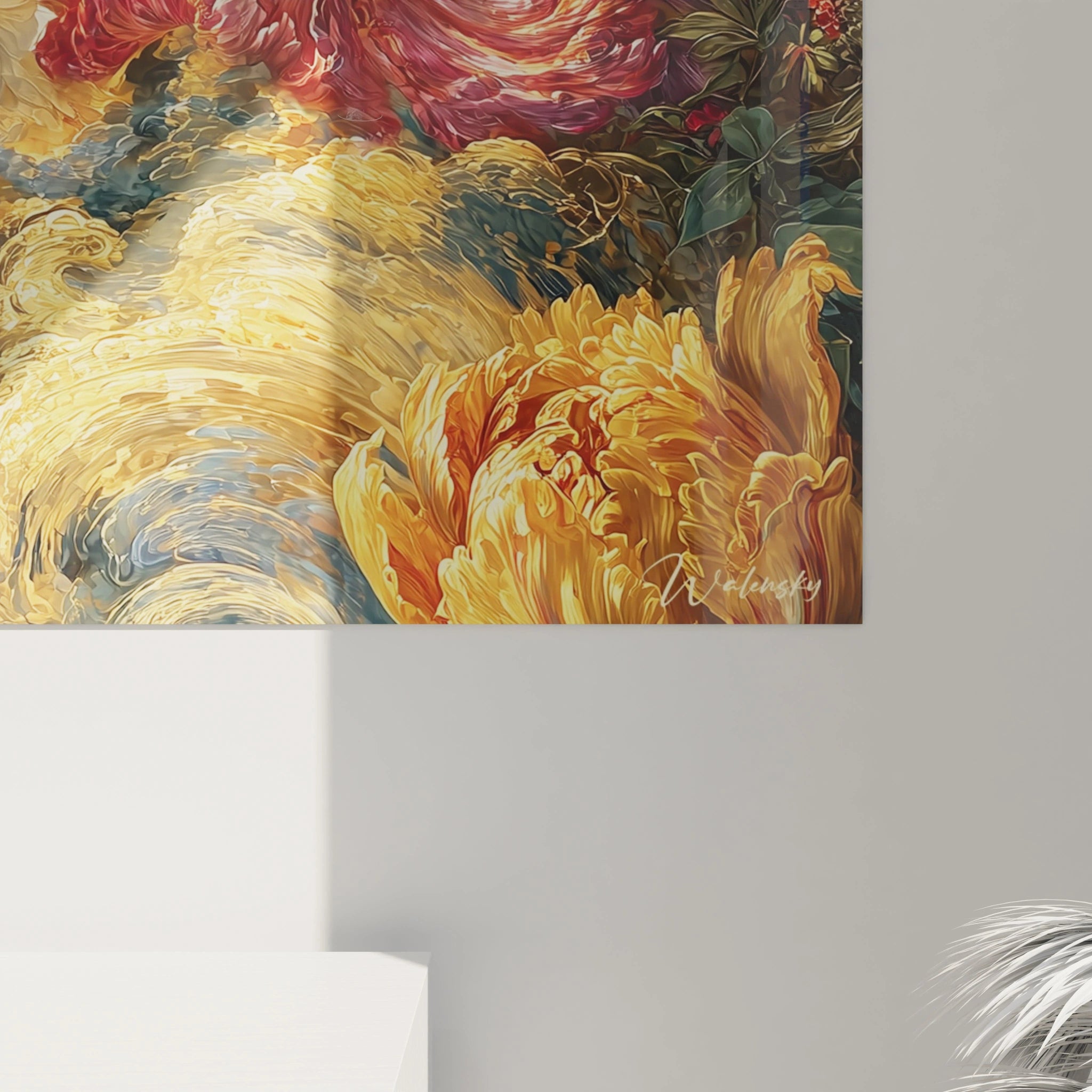 Walensky tableau fleurs baroque mural peinture florale jaune et rouge avec details ornementaux