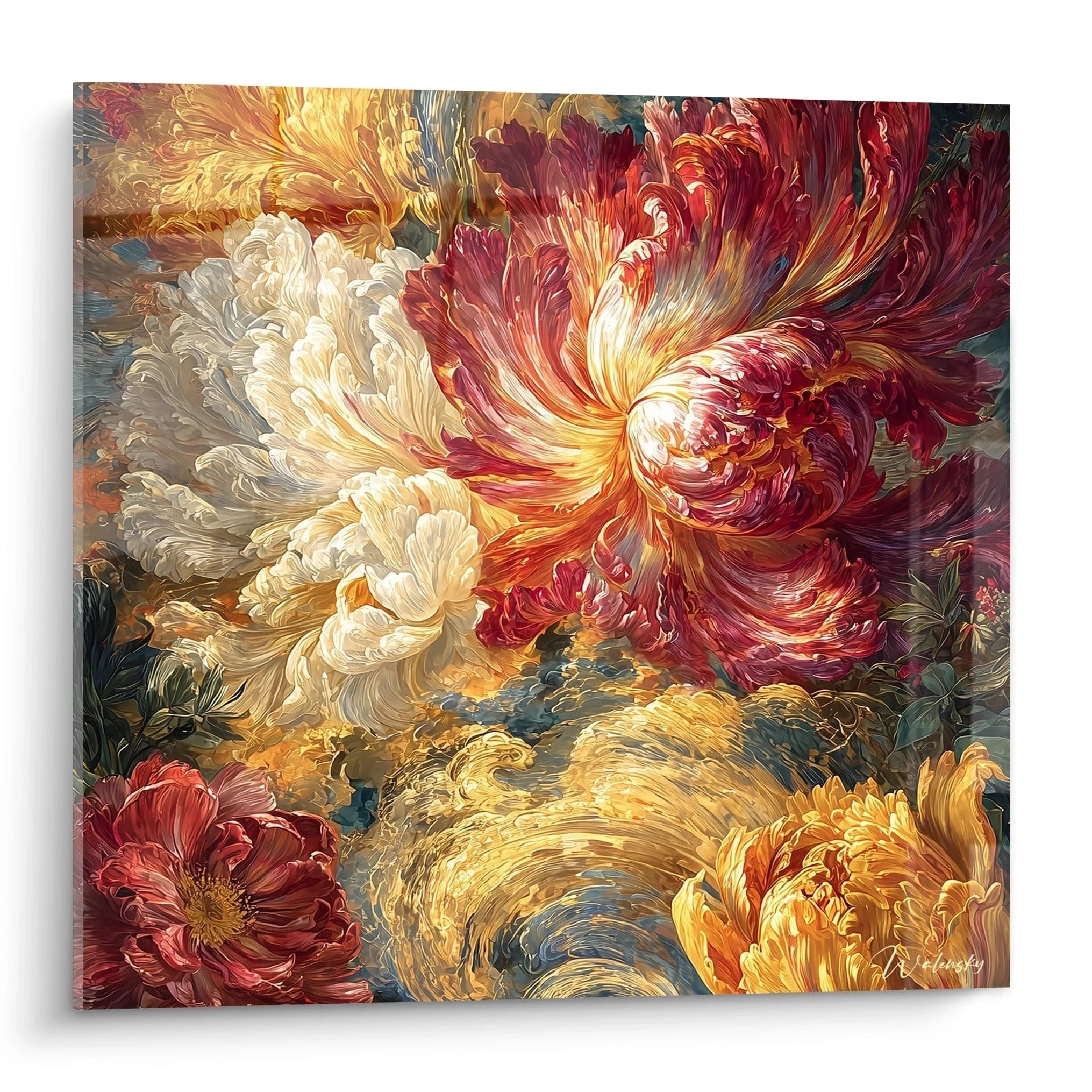 tableau fleurs baroque Walensky toile murale carrée florale aux tons or et rouge pour salon contemporain